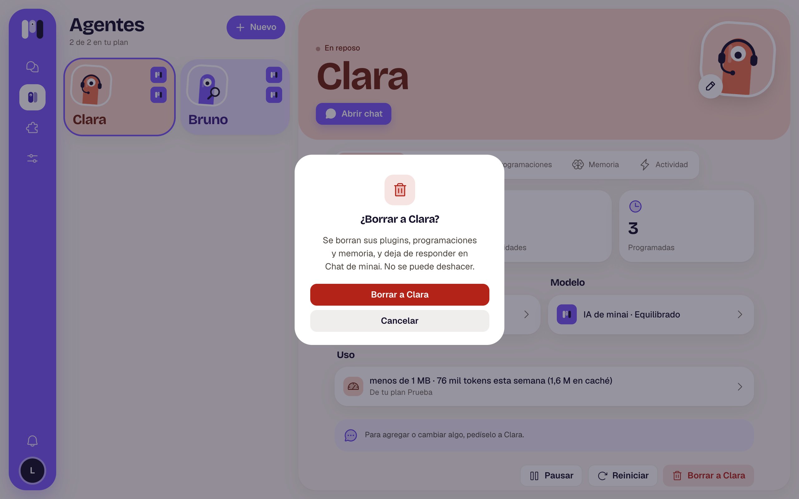 Delete Clara? dialog with the red Delete Clara button