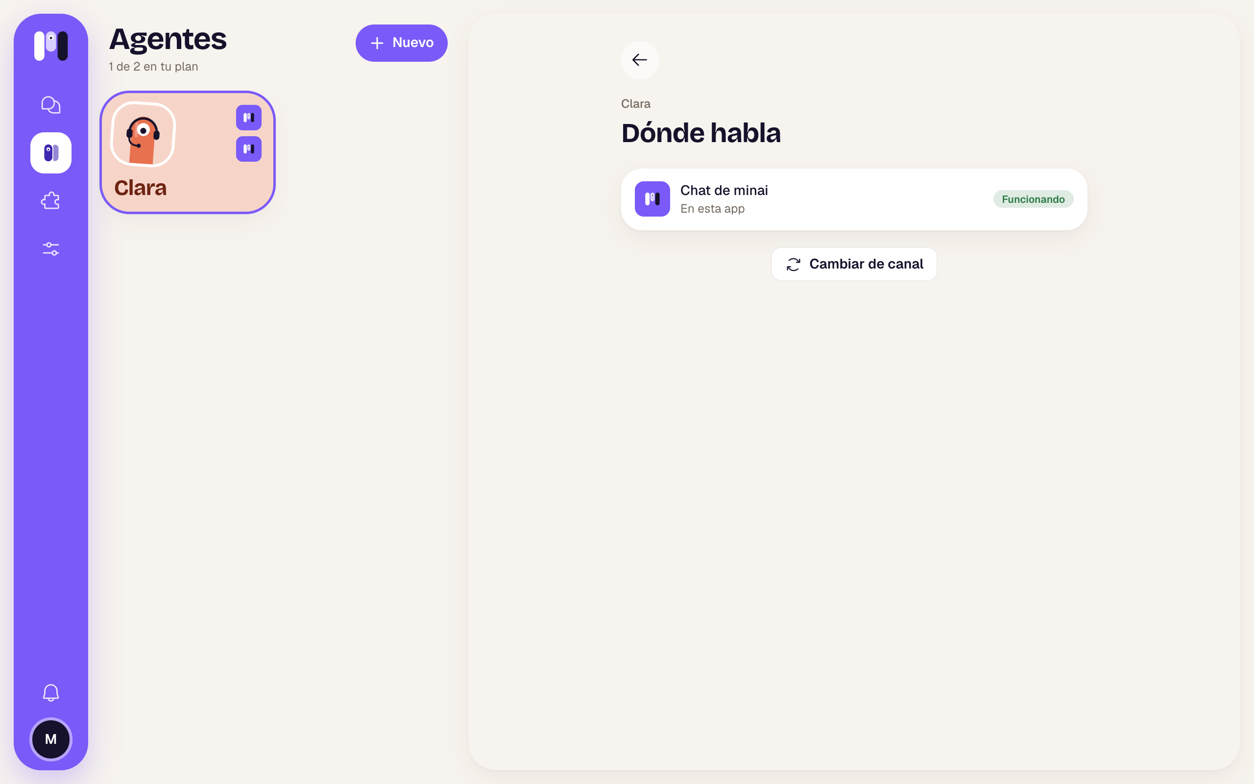 Dónde habla: chat de minai, funcionando, y el botón Cambiar de canal