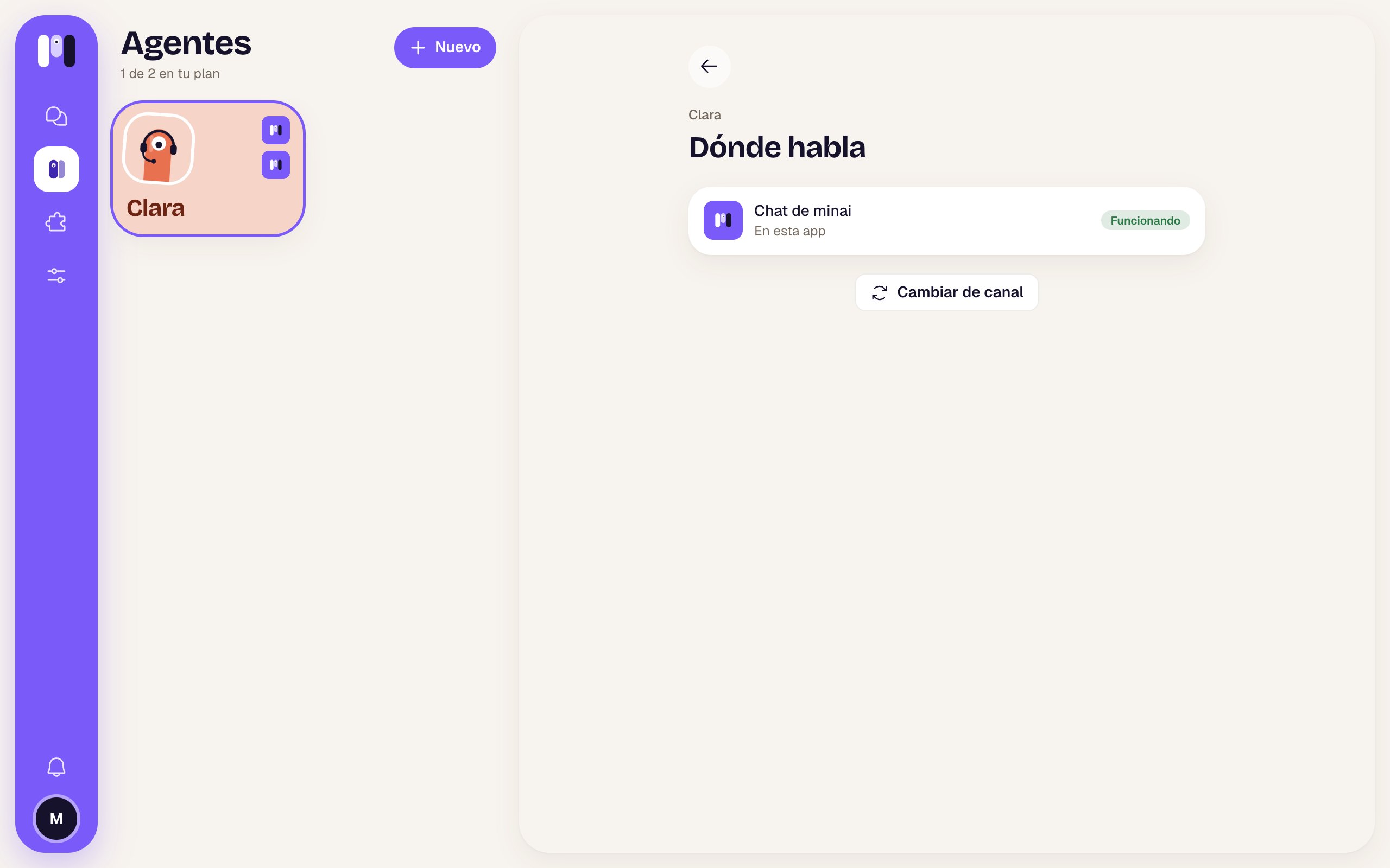 Dónde habla: chat de minai, funcionando, y el botón Cambiar de canal
