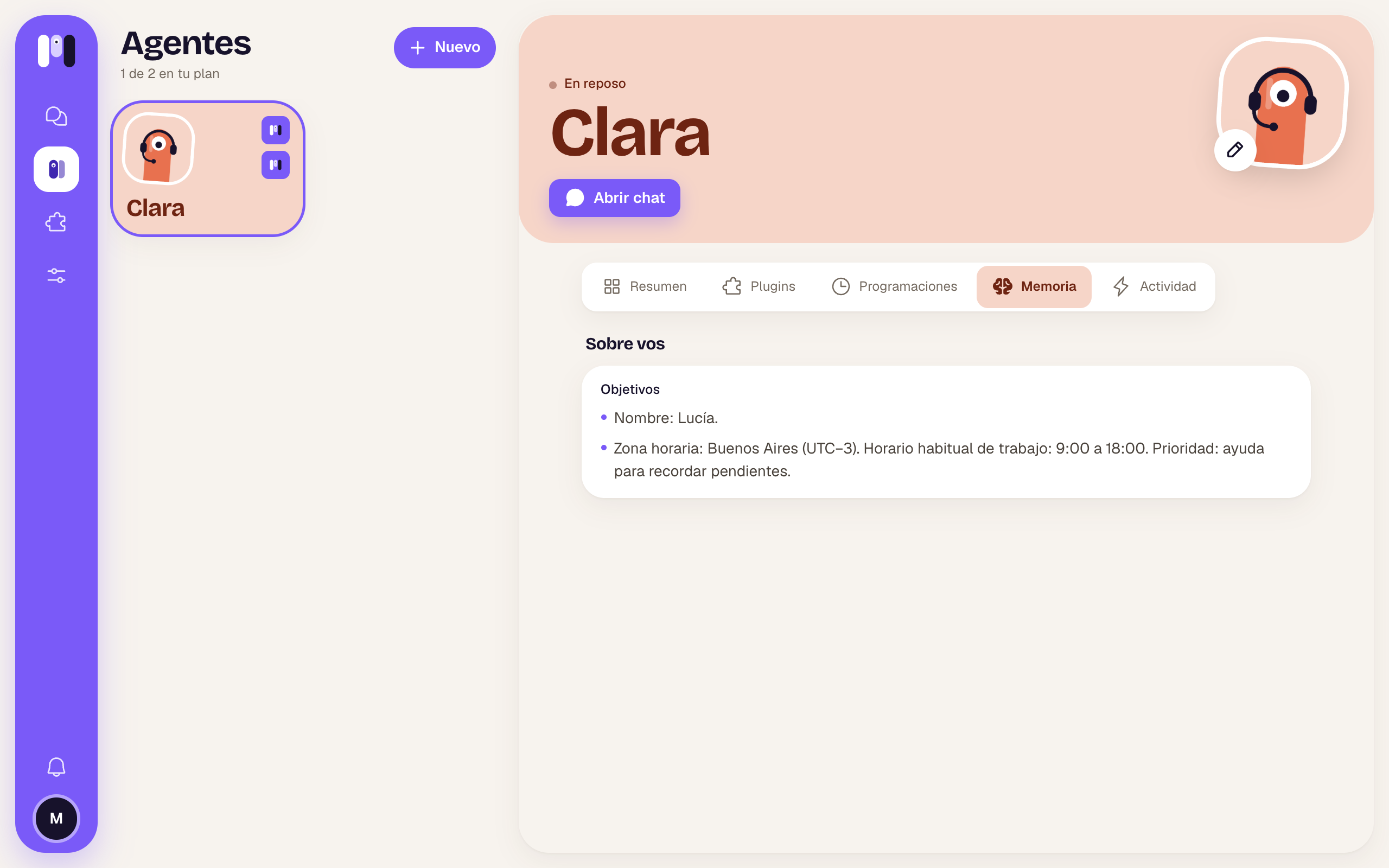 La pestaña Memoria de Clara