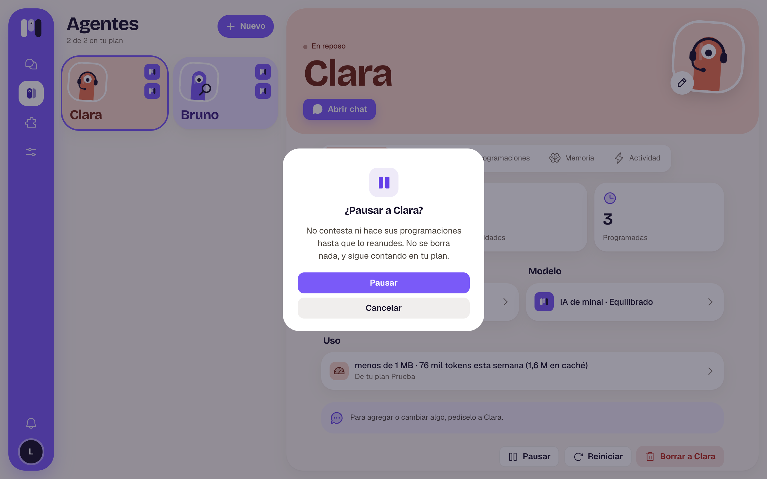 Pause Clara? dialog with the Pause button