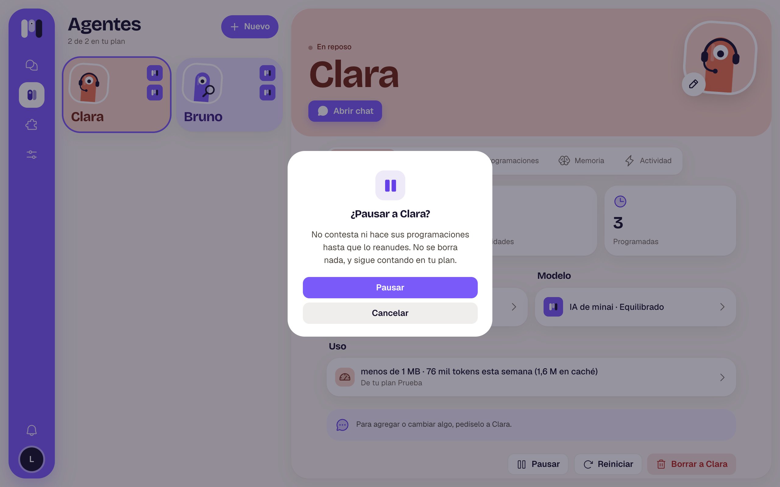 Pause Clara? dialog with the Pause button