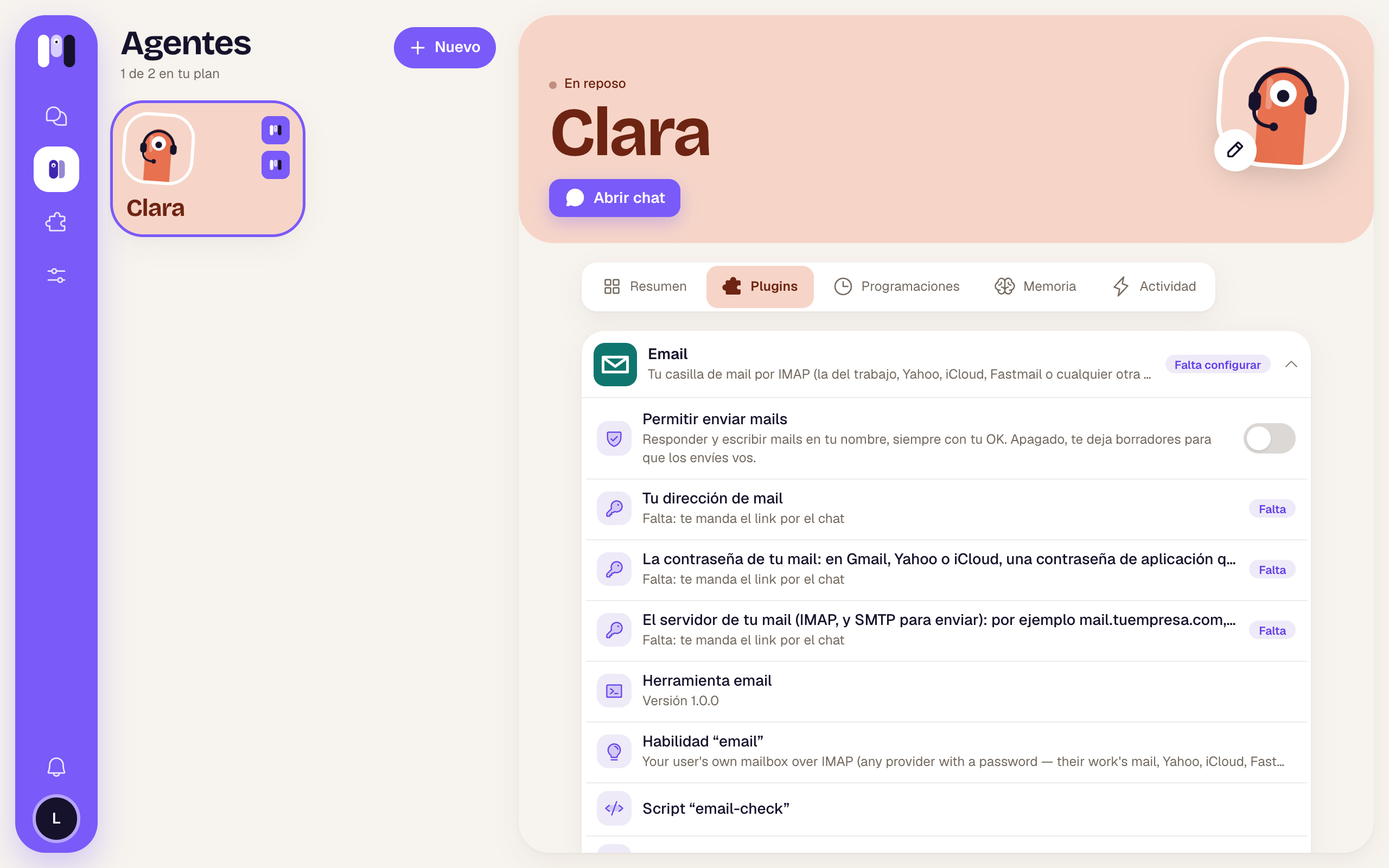 La tarjeta del plugin Email, con su permiso y las claves que faltan