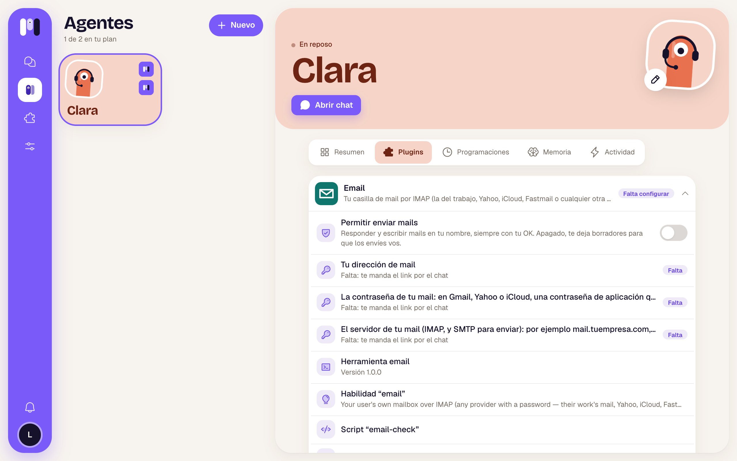 La tarjeta del plugin Email, con su permiso y las claves que faltan