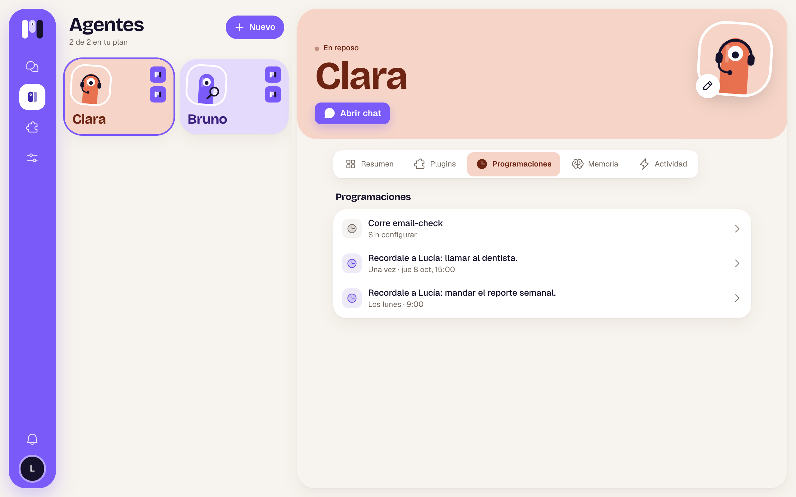 La pestaña Programaciones con dos recordatorios y una del plugin Email