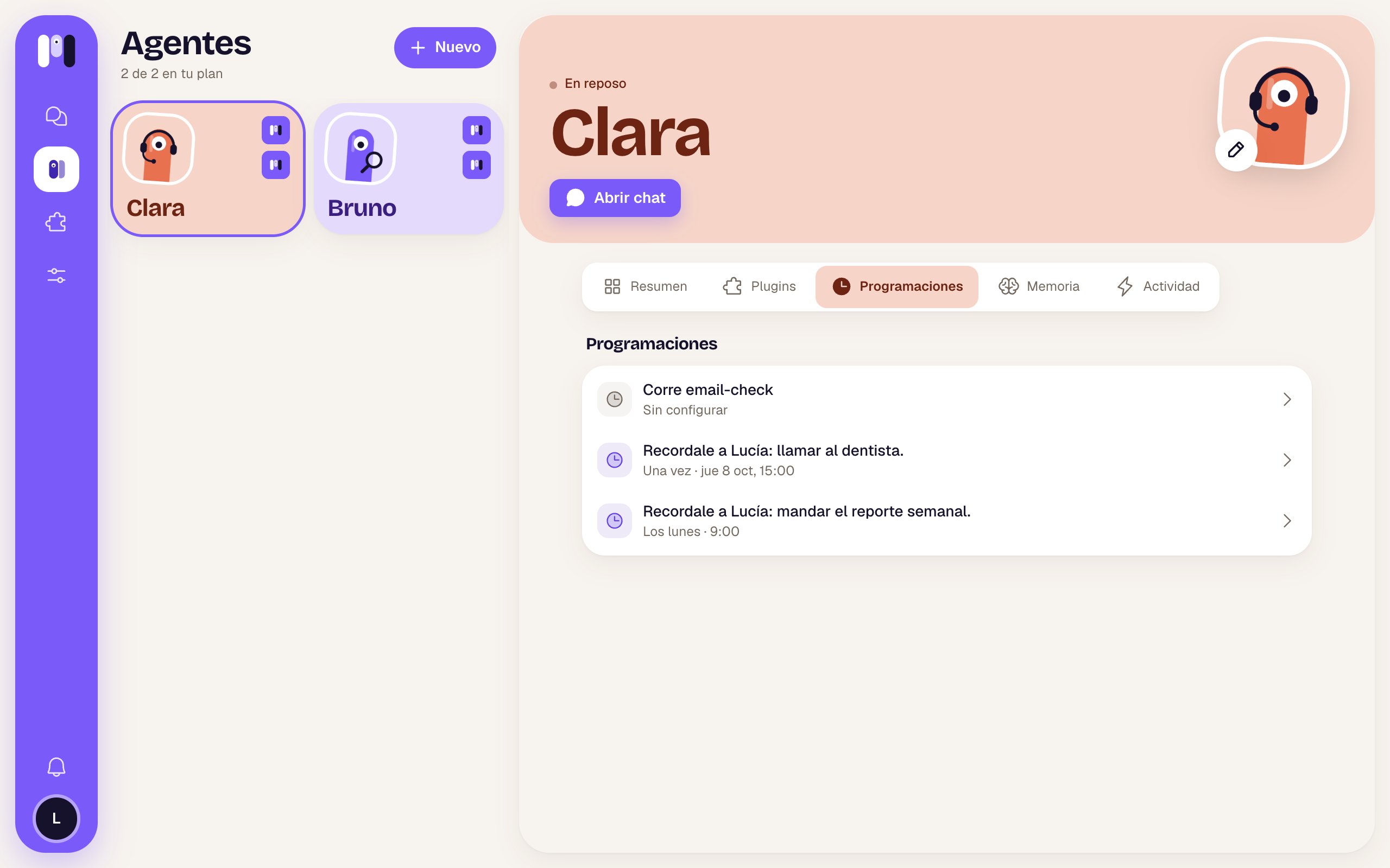 La pestaña Programaciones con dos recordatorios y una del plugin Email