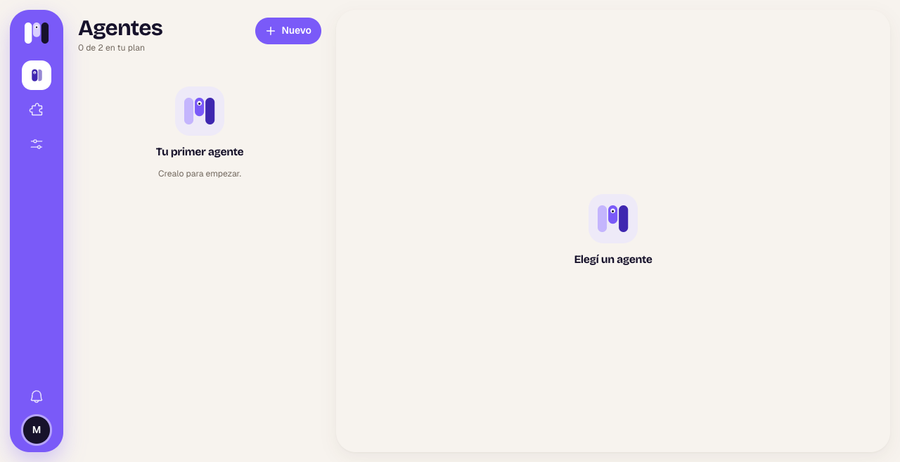 Empty Agents screen with the message Your first agent