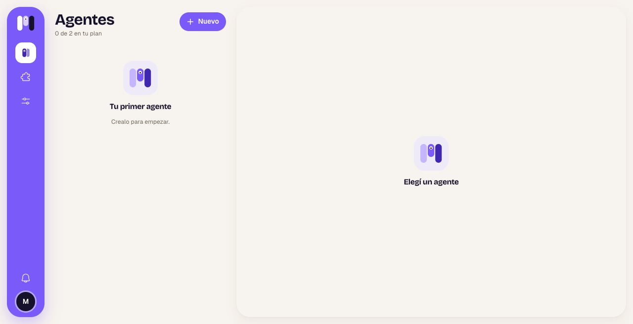 Empty Agents screen with the message Your first agent