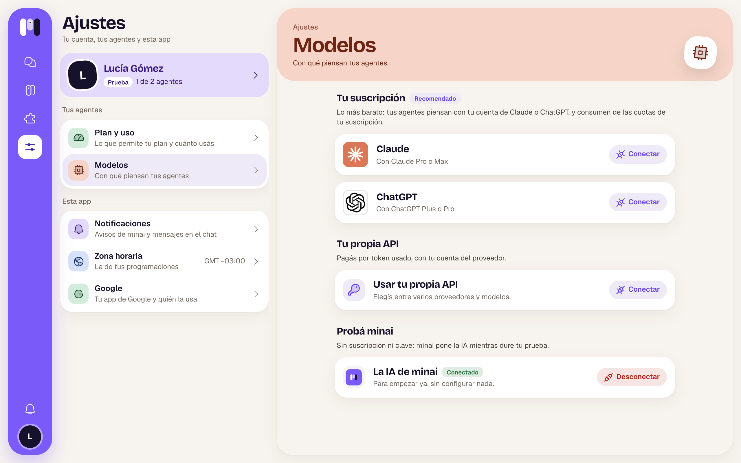 Ajustes, Modelos: tu suscripción, tu propia API y la IA de minai