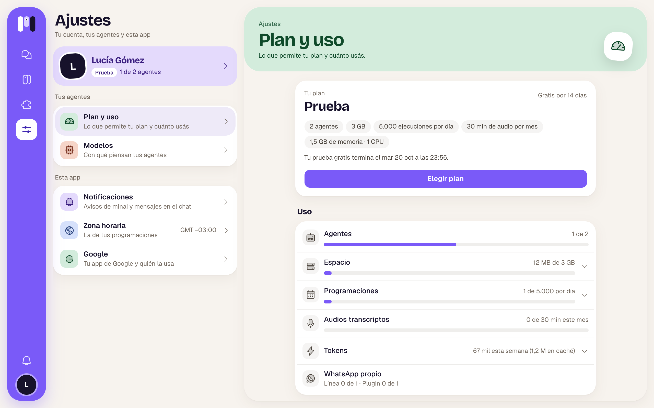 Ajustes, Plan y uso: el plan Prueba y el uso de cada cosa