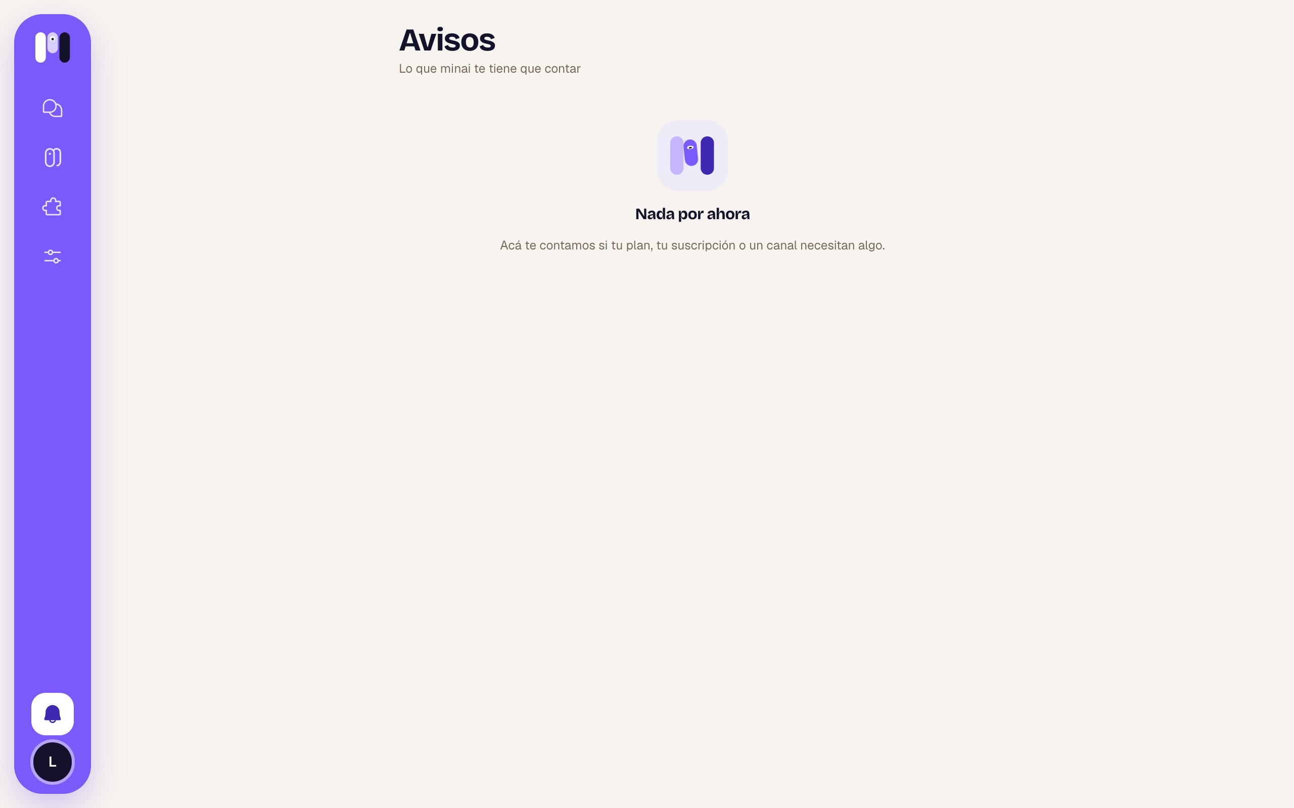 Pantalla Avisos con el mensaje Nada por ahora