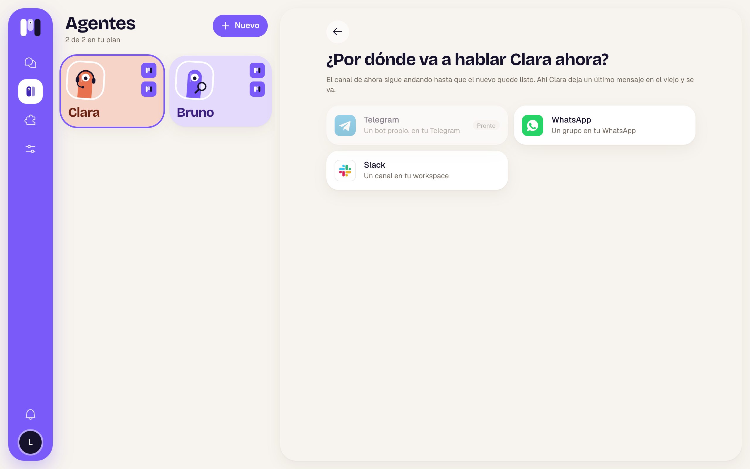 Where will Clara talk now? screen with the Telegram, WhatsApp and Slack cards