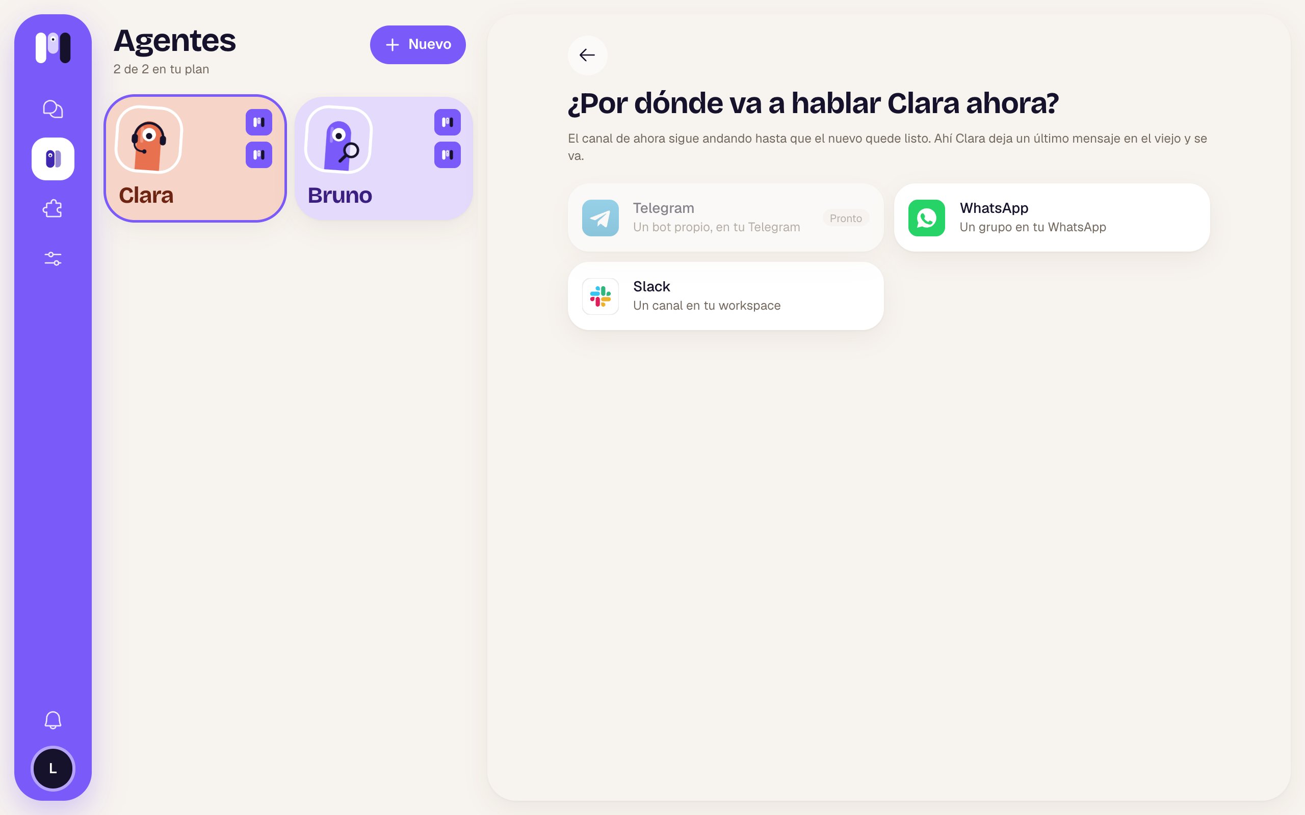 Where will Clara talk now? screen with the Telegram, WhatsApp and Slack cards