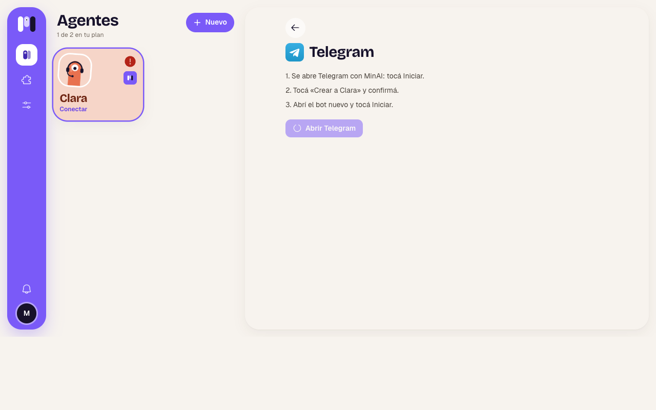 Telegram screen with the three steps and the Open Telegram button