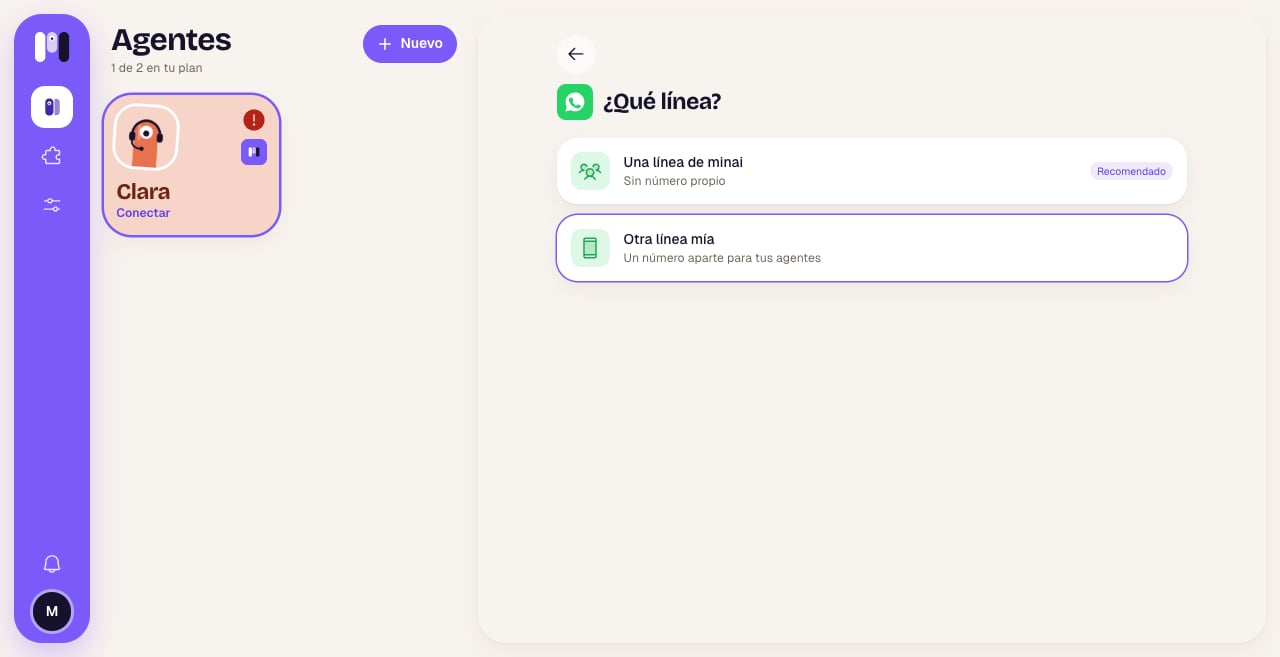 Pantalla ¿Qué línea? con Una línea de minai y Otra línea mía