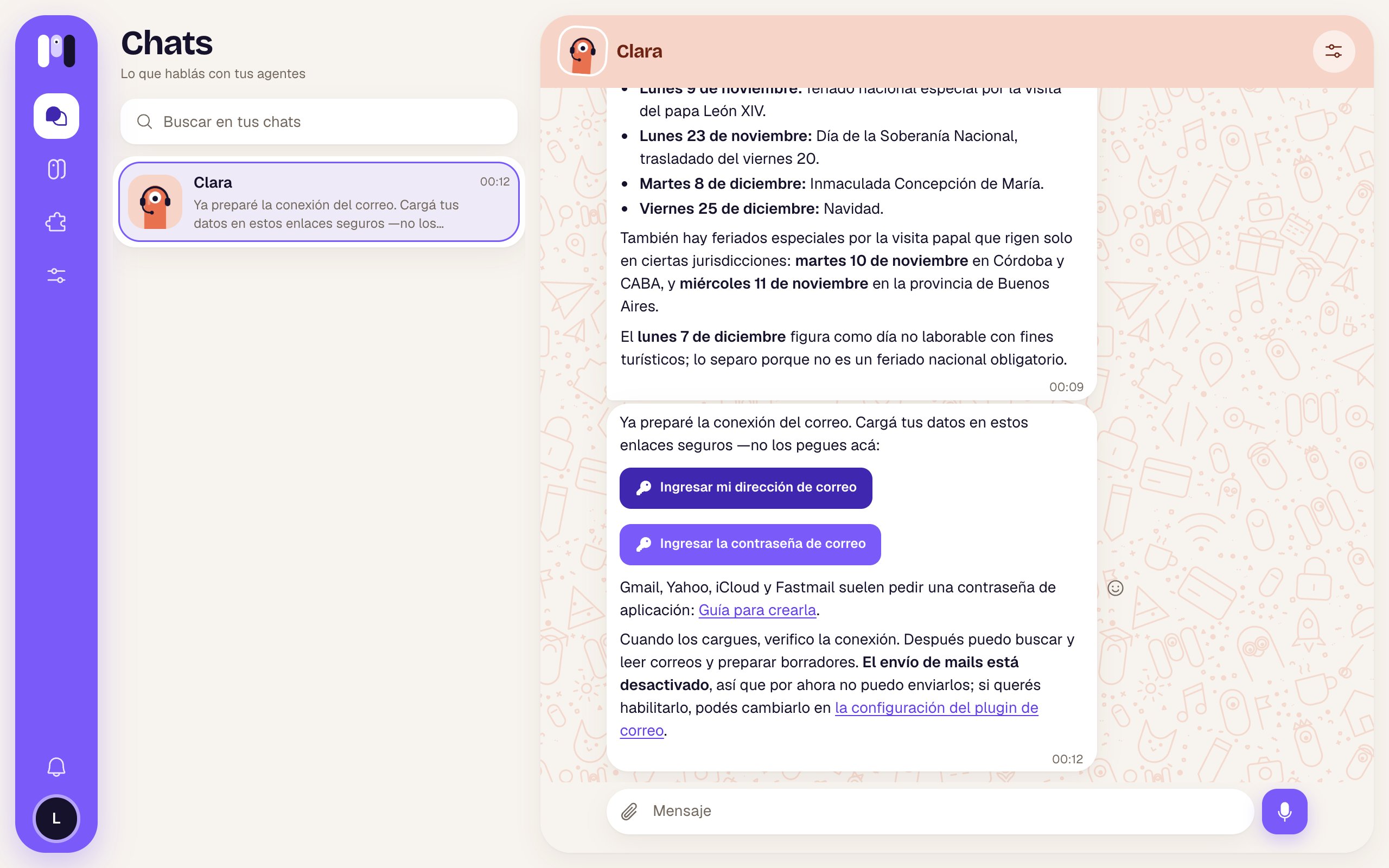 Clara pide los datos del mail con botones para cargarlos en links seguros