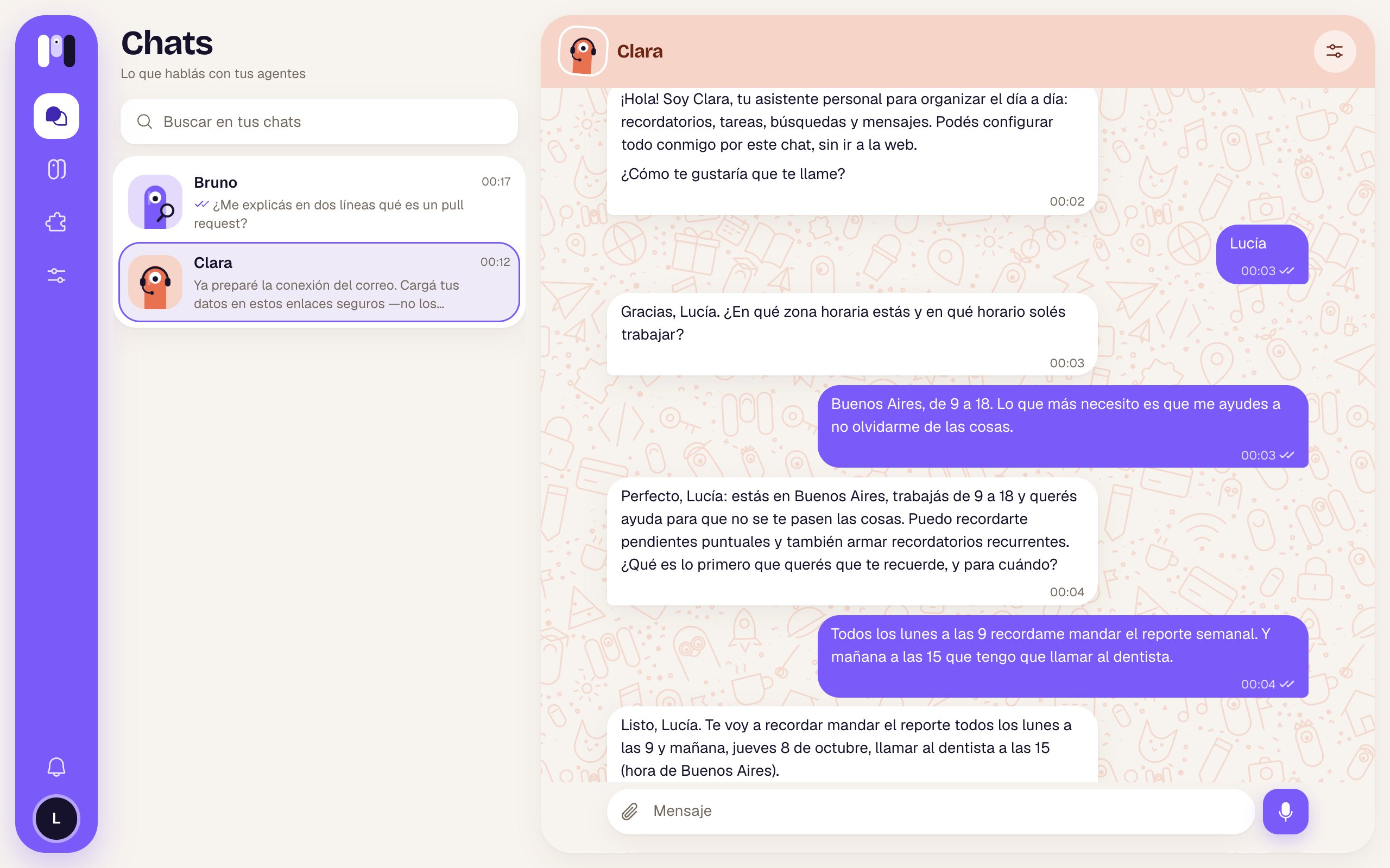 El primer mensaje de Clara en el chat de minai