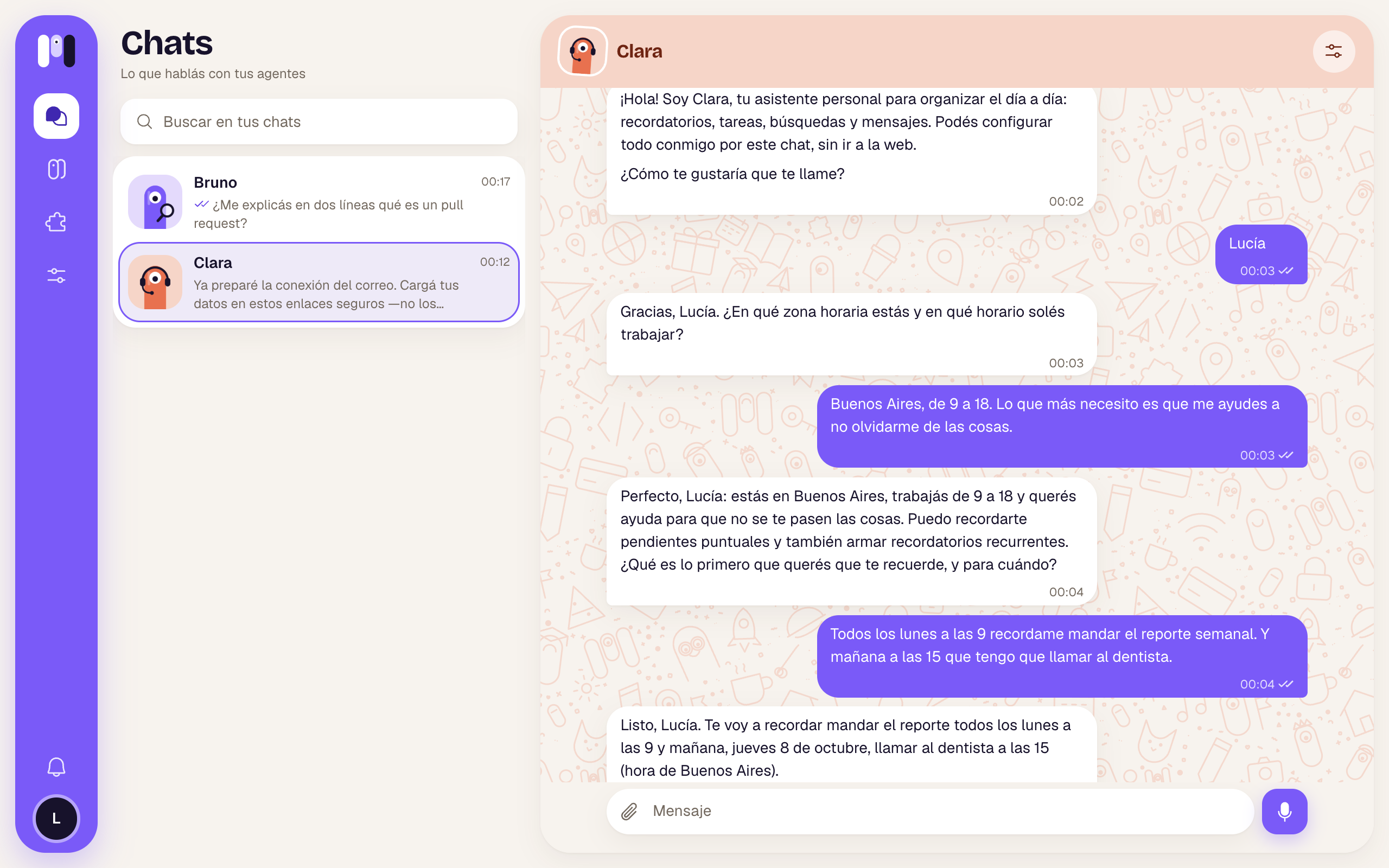 Chat con la agente Clara que confirma dos recordatorios
