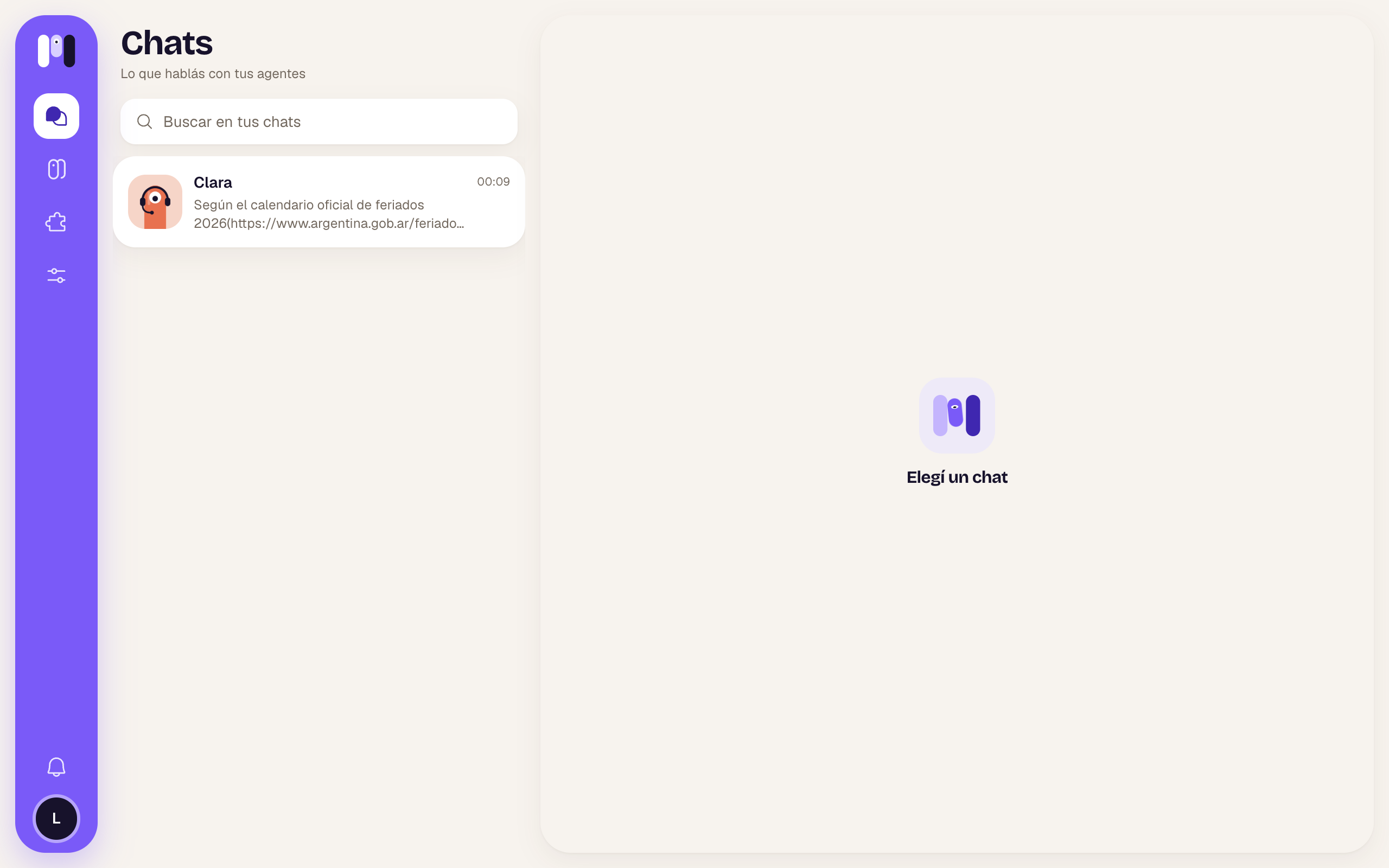 Chat list with Clara and the right panel saying Pick a chat