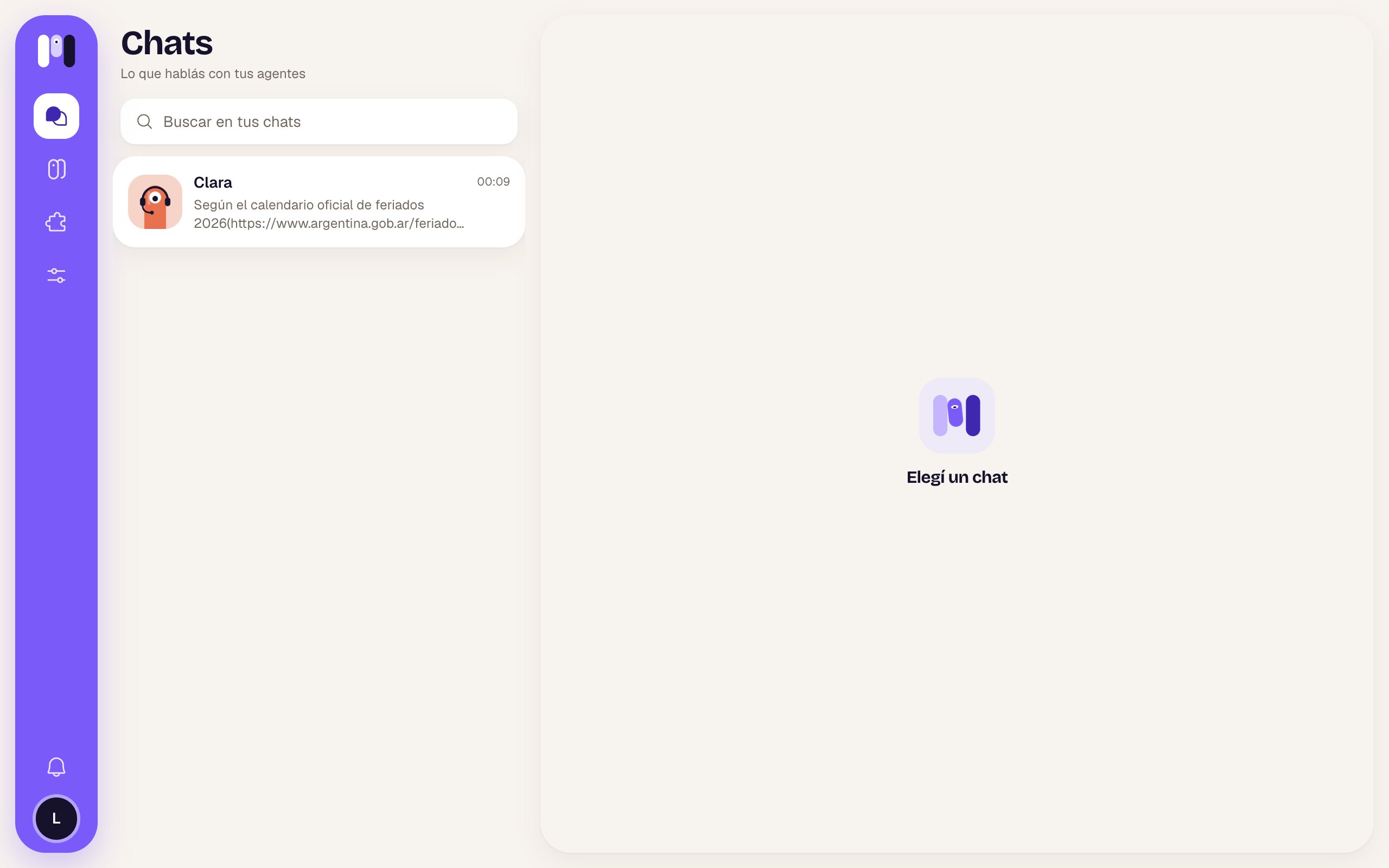 Chat list with Clara and the right panel saying Pick a chat