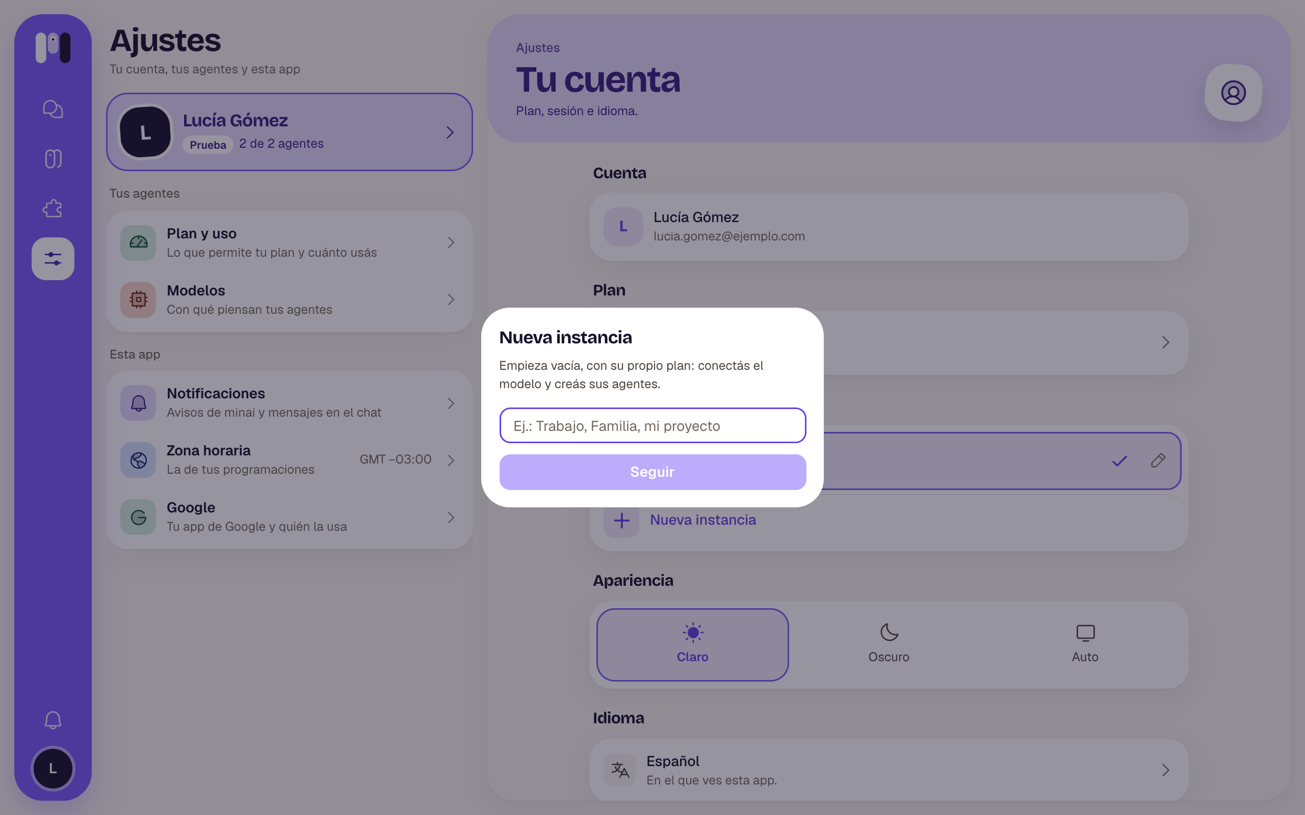 Nueva instancia: empieza vacía, con su propio plan