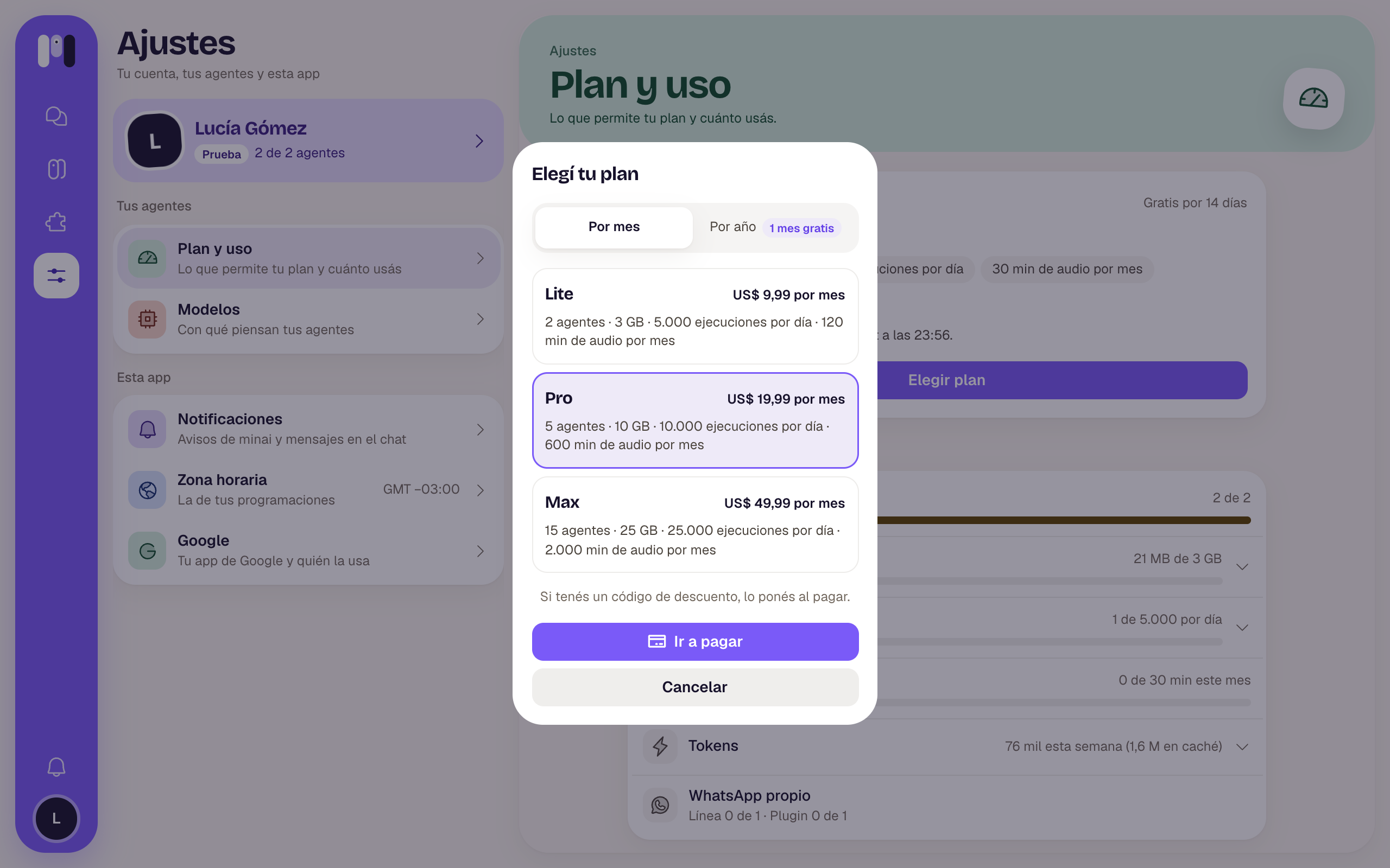 Elegí tu plan: por mes o por año, Lite, Pro o Max