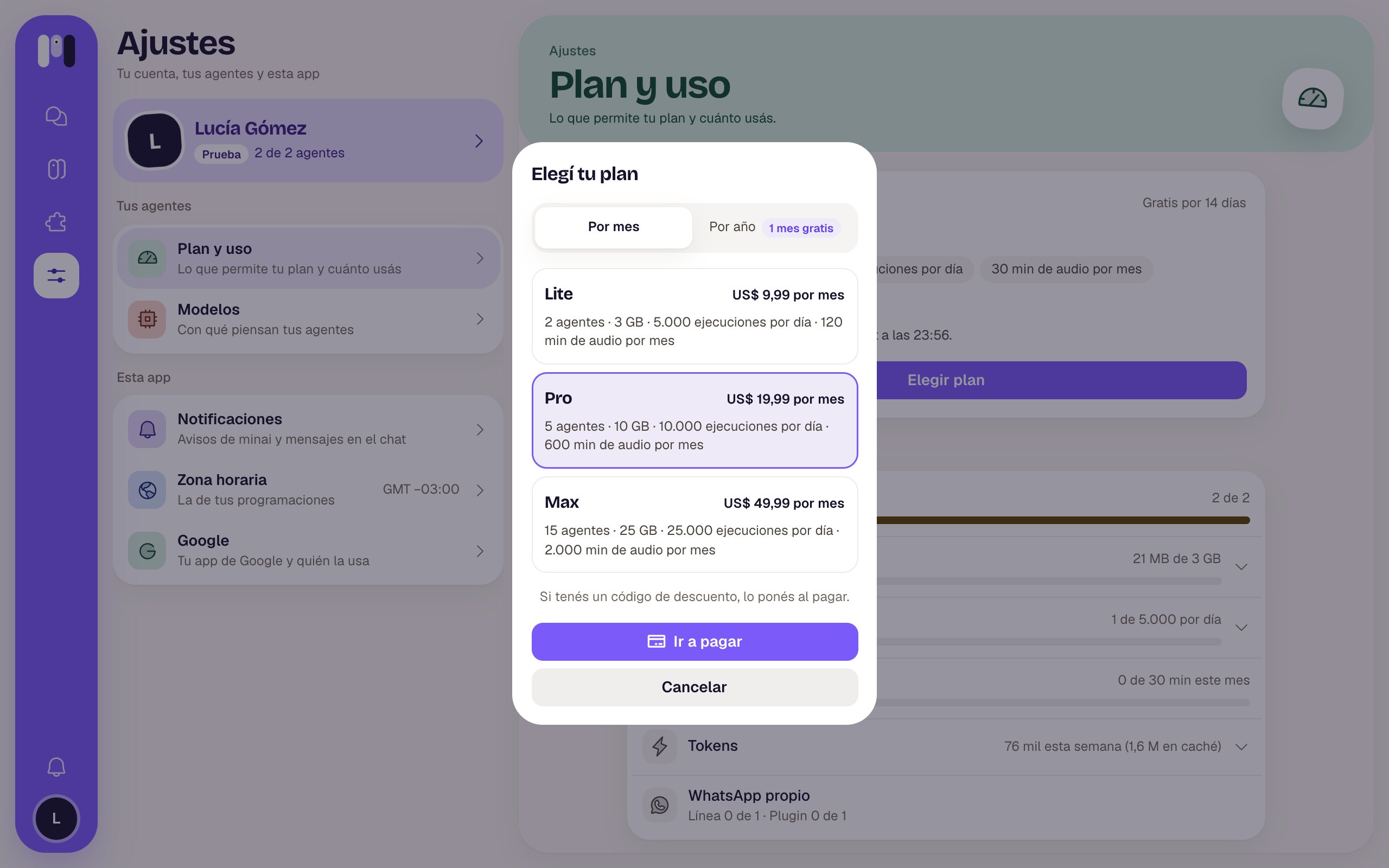 Elegí tu plan: por mes o por año, Lite, Pro o Max