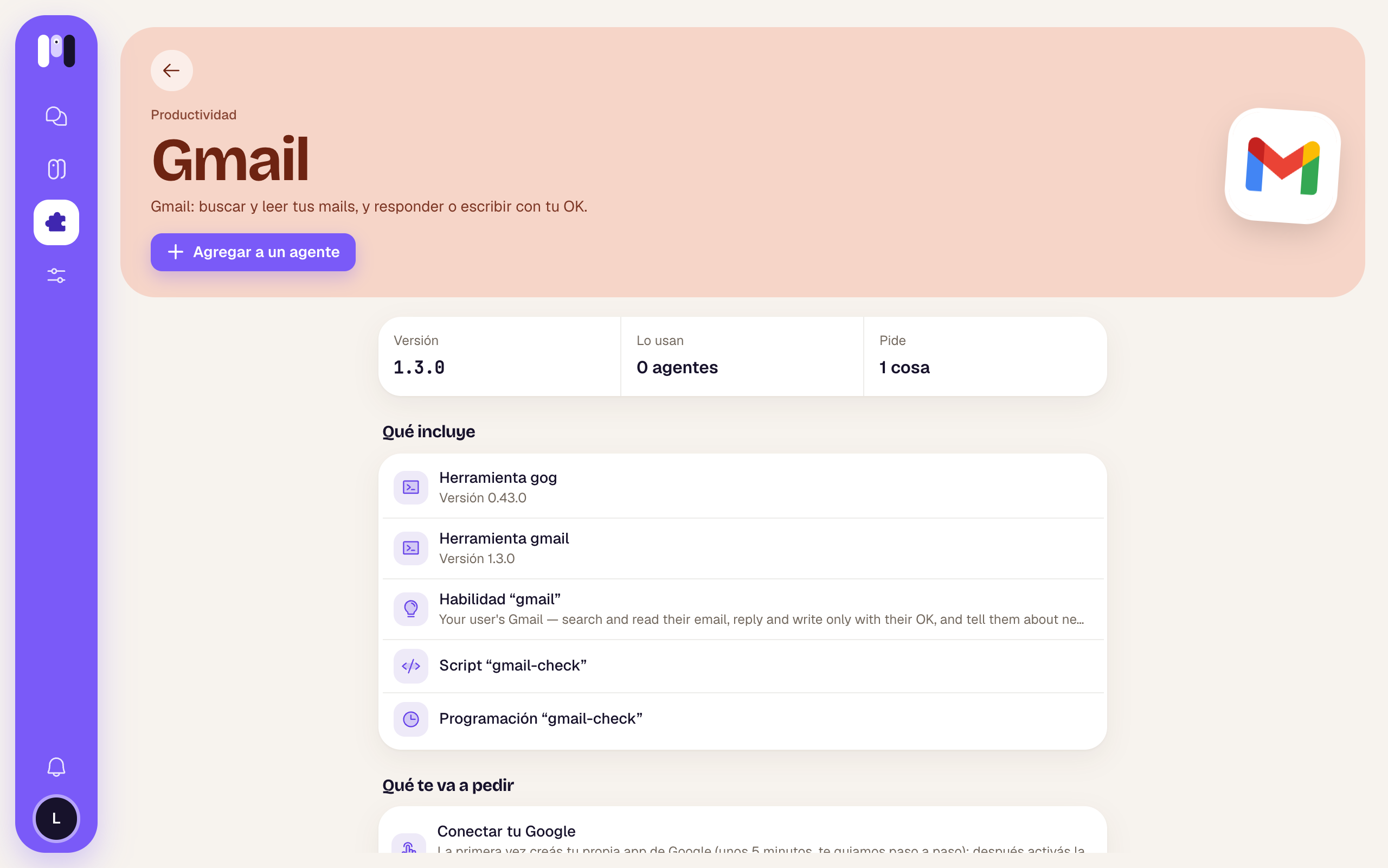 The Gmail plugin page with the Add to an agent button