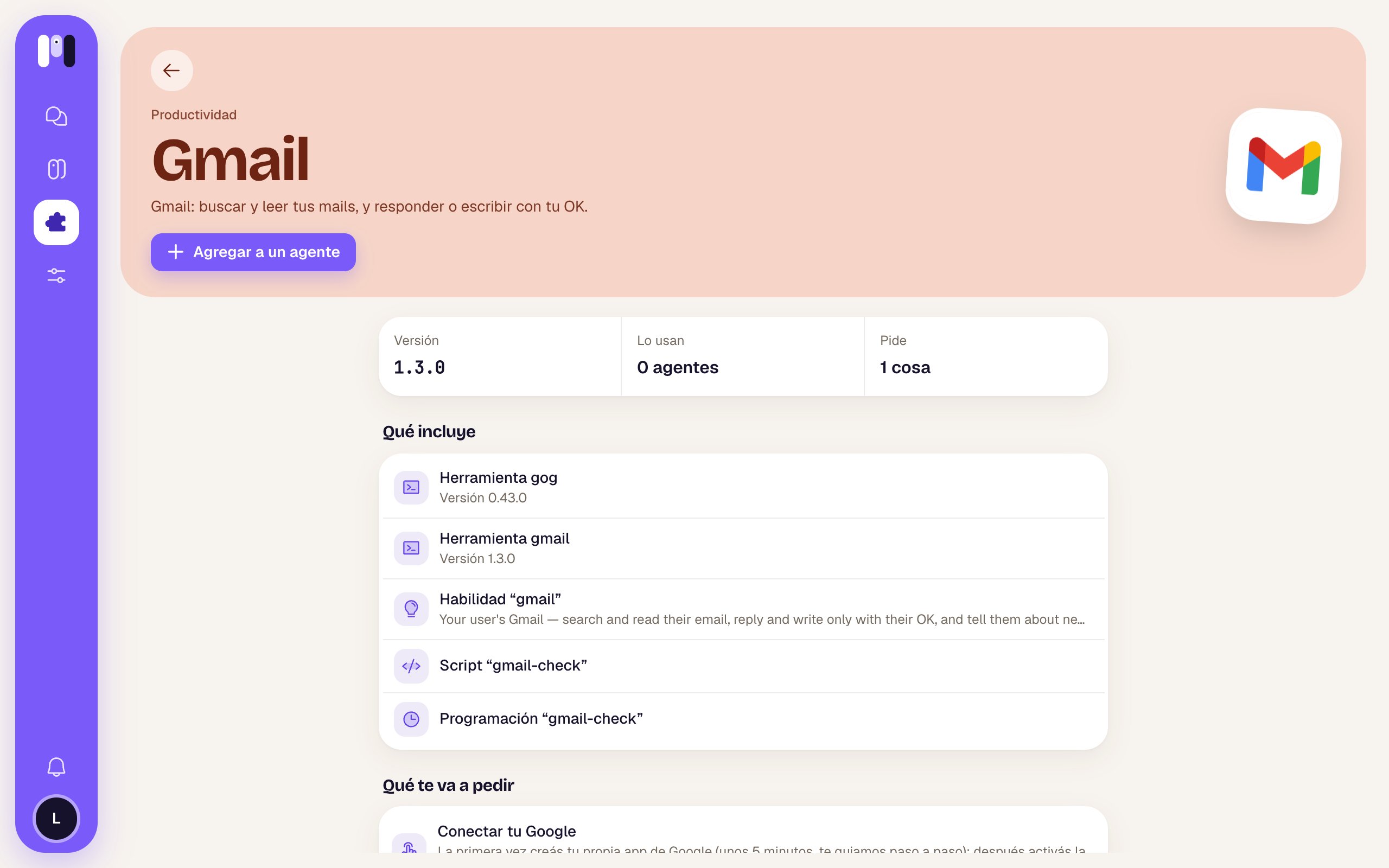 The Gmail plugin page with the Add to an agent button