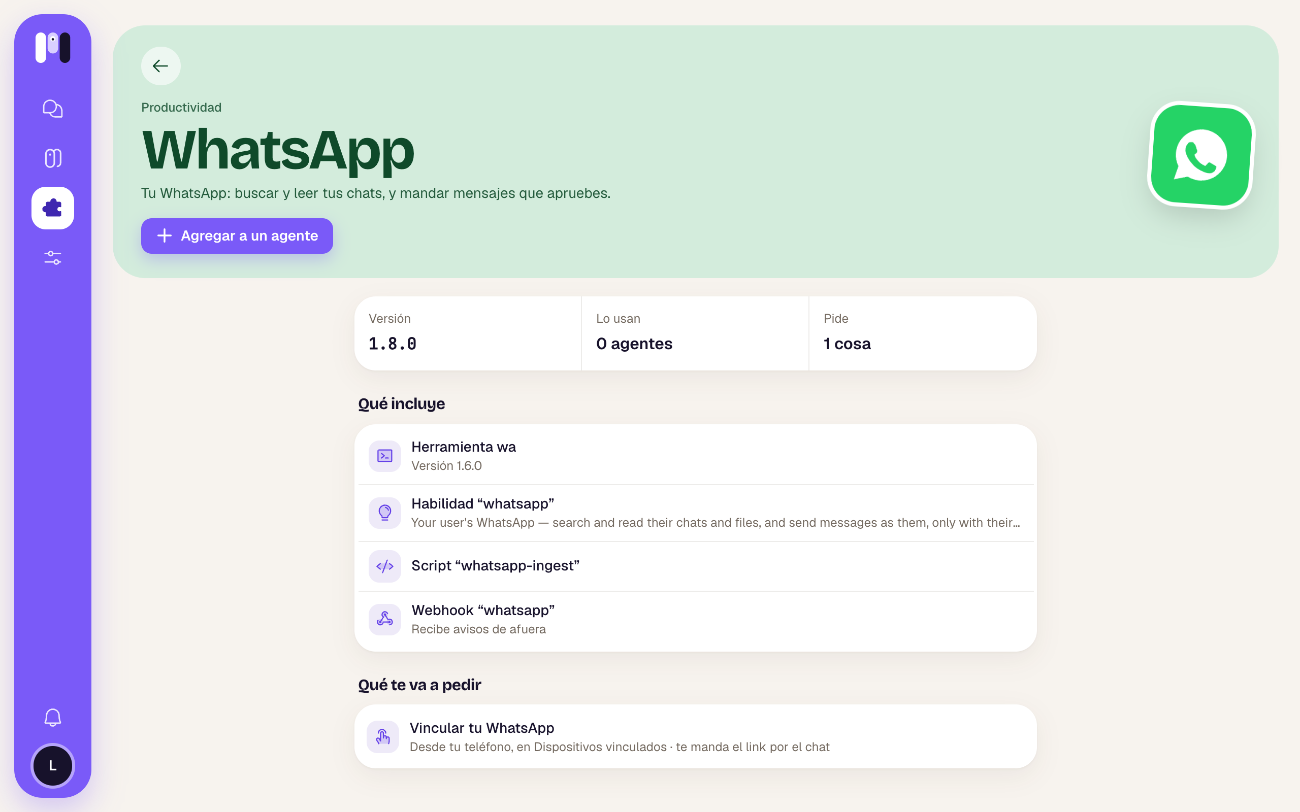 The WhatsApp plugin page with the Add to an agent button