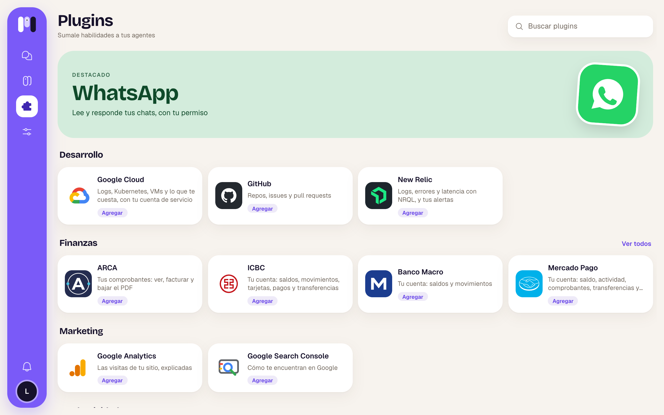 La librería de plugins, con WhatsApp destacado arriba y los plugins agrupados por categoría