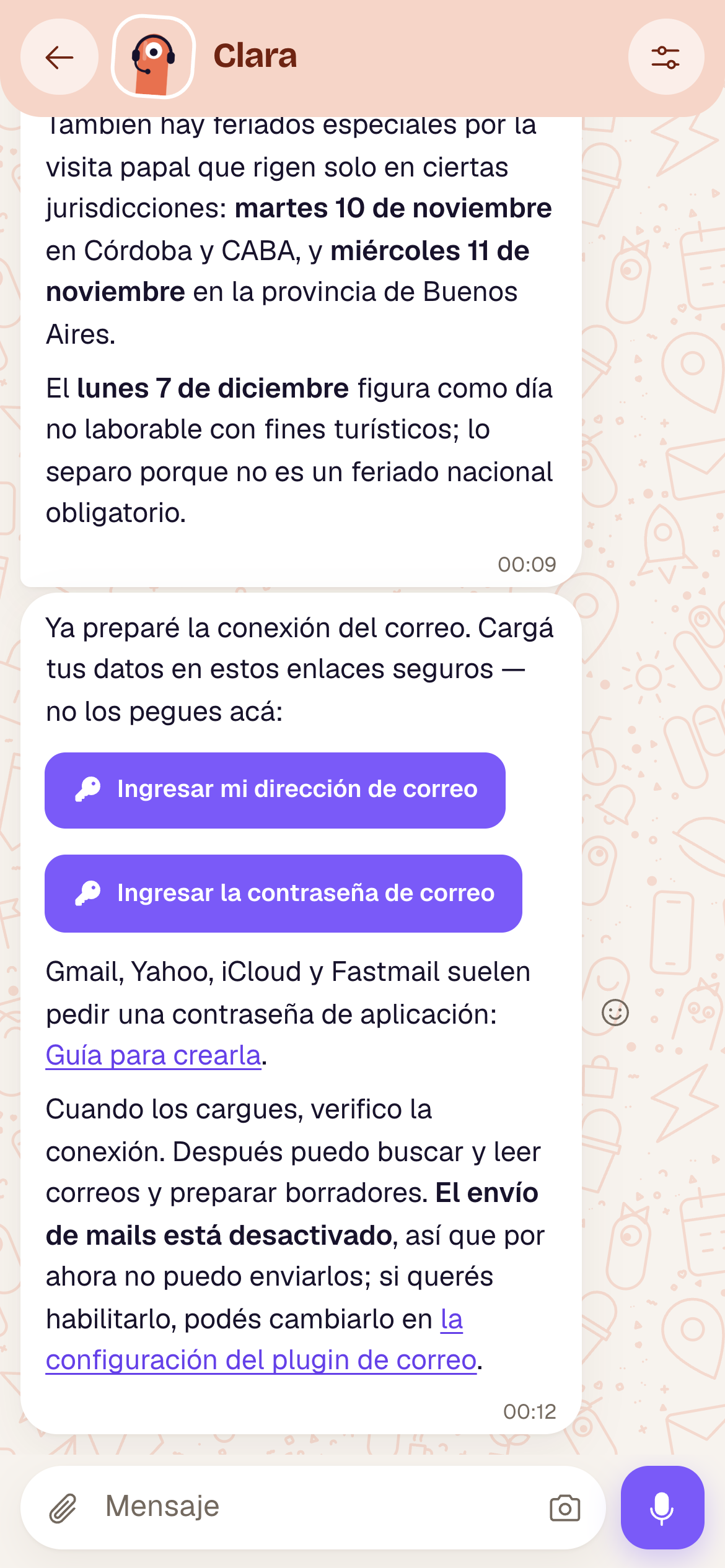 A message from Clara with two key buttons for entering the email details