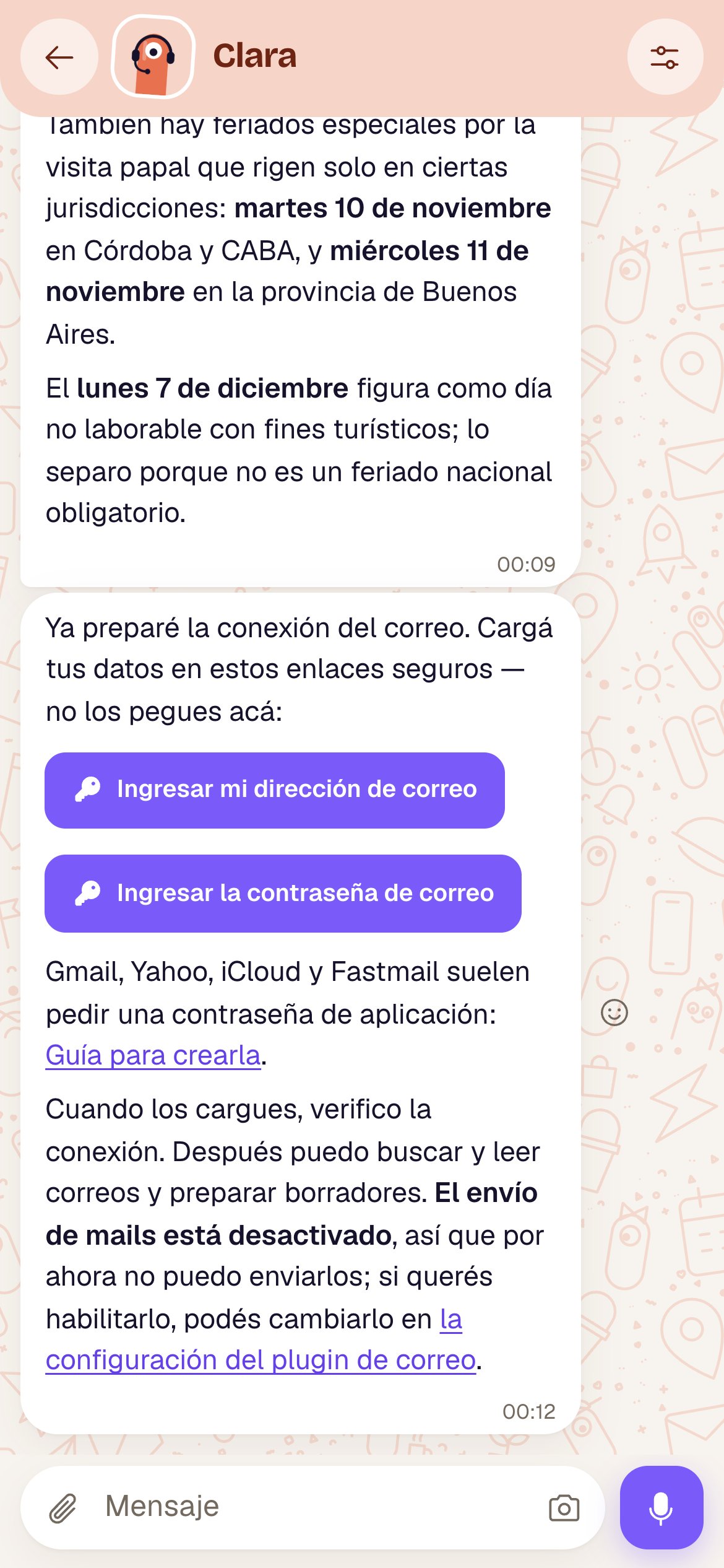 A message from Clara with two key buttons for entering the email details