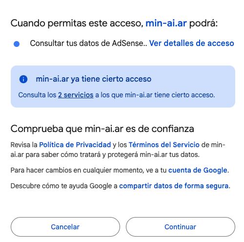 Permiso de consulta de AdSense y botón Continuar en la pantalla de Google
