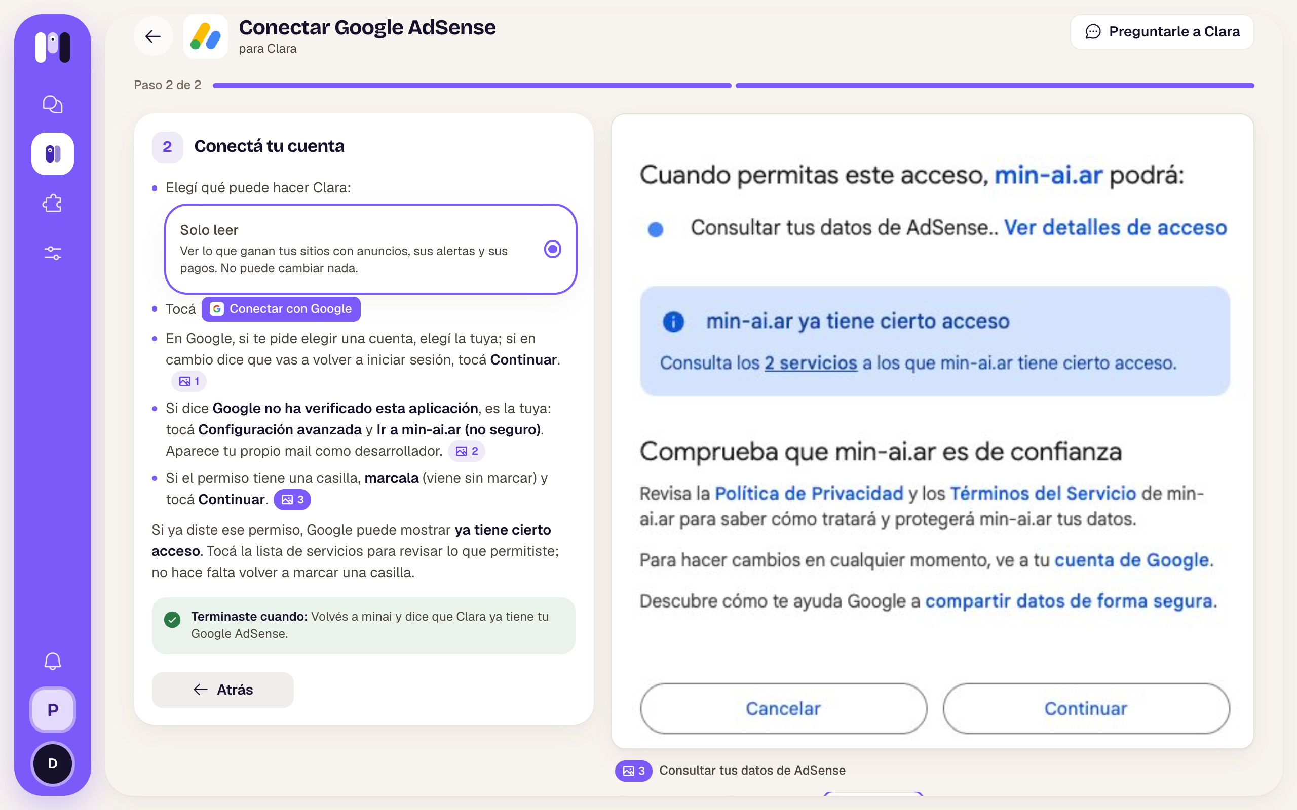Instalador local de Clara con el único permiso Solo leer para AdSense