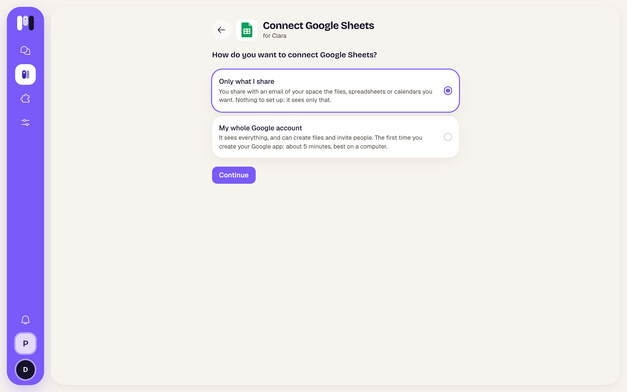 Google Sheets installer with Only what I share and My whole Google account