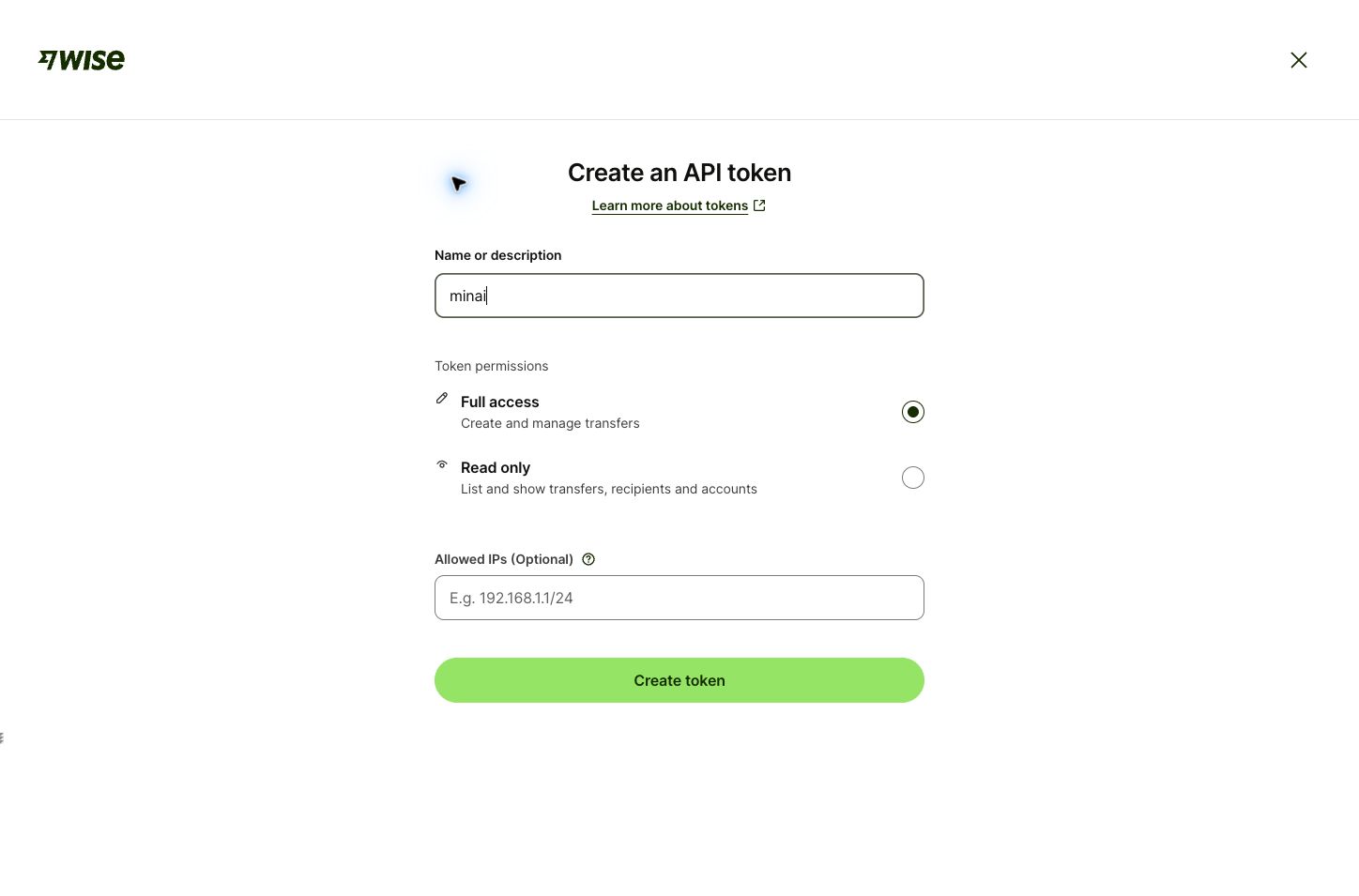 Token name and Full access or Read only, before creating it