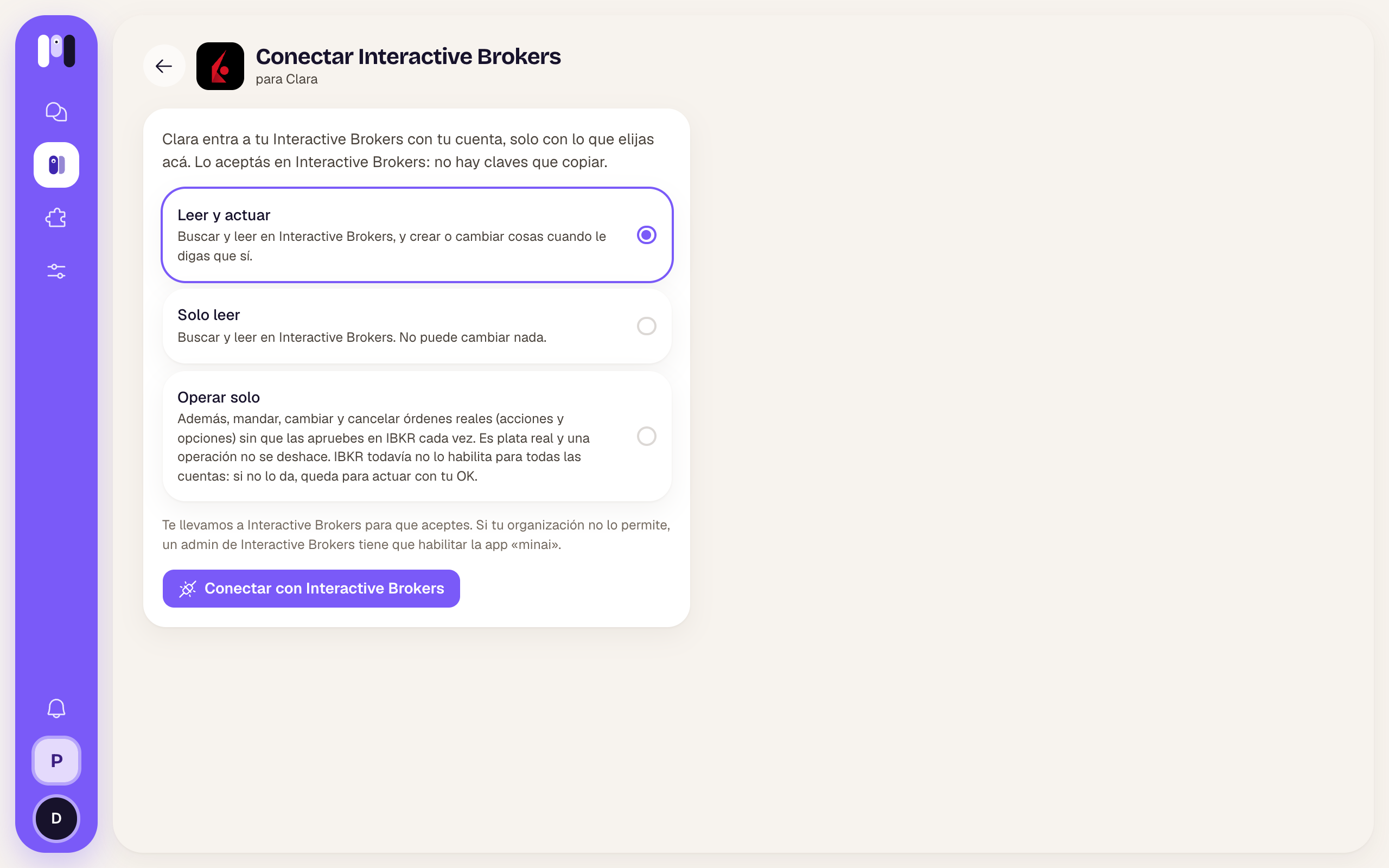 Conectar Interactive Brokers con Leer y actuar, Solo leer y Operar solo, con la advertencia sobre dinero real