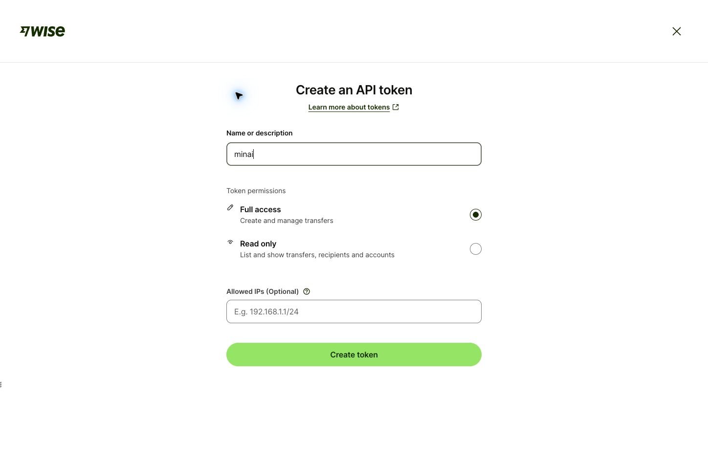 Nombre del token y permisos Full access o Read only, antes de crearlo