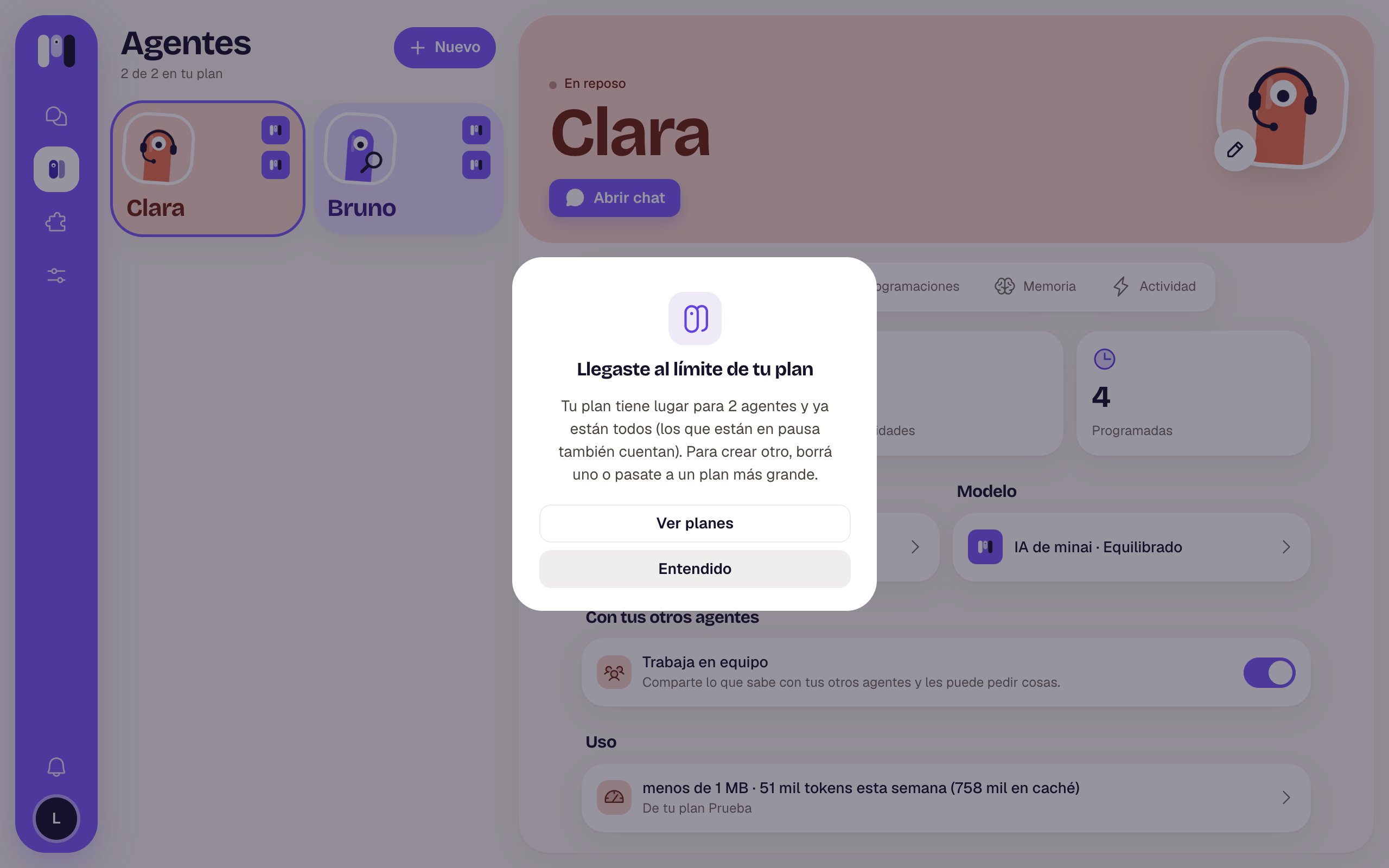 Ventana Llegaste al límite de tu plan con los botones Ver planes y Entendido
