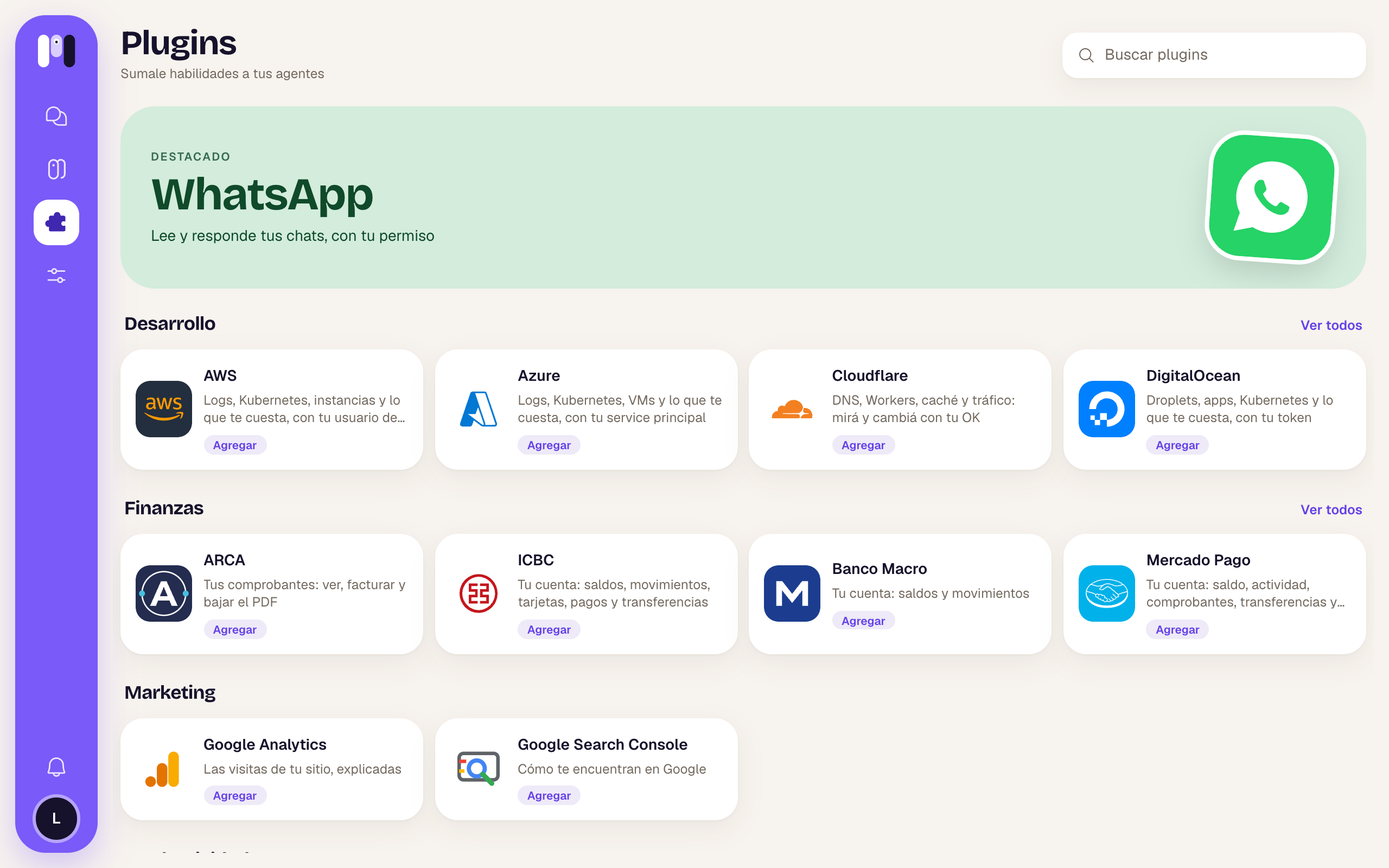 Librería con el destacado WhatsApp y las secciones Desarrollo, Finanzas y Marketing