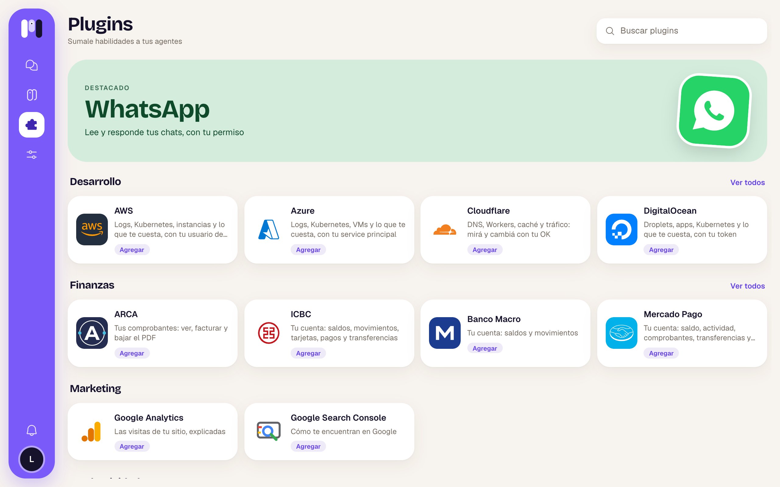 Librería con el destacado WhatsApp y las secciones Desarrollo, Finanzas y Marketing
