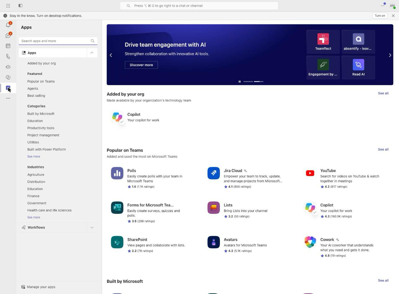 Aplicaciones de Teams, con Administrar sus aplicaciones abajo a la izquierda