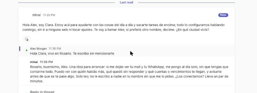 Canal Clara en Teams: el primer mensaje del agente, una respuesta sin mención y la respuesta de Clara