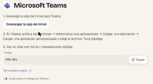 Pasos: descargar la app de minai, cargarla en Teams y mandarle el código