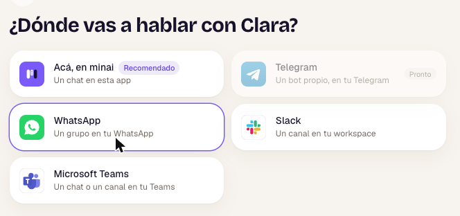 Pantalla ¿Dónde vas a hablar con Clara? con la opción Microsoft Teams