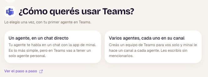 Pantalla ¿Cómo querés usar Teams? con las opciones Un agente, en un chat directo y Varios agentes, cada uno en su canal