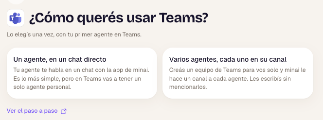 Pantalla ¿Cómo querés usar Teams? con las opciones Un agente, en un chat directo y Varios agentes, cada uno en su canal