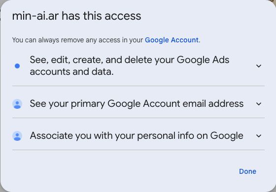 Existing access detail to see, edit, create and delete Google Ads accounts and data