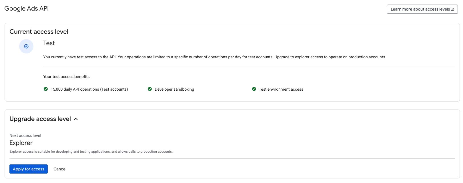 Test access level and the upgrade form for Explorer with Apply for access